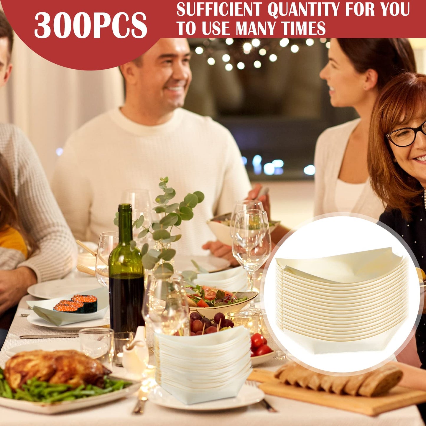 Newtay 300 Pcs Disposable Bamboo Boat Plates 5.5'' Small Appetizer Wooden Leaf Boat Plates Sushi Serving Tray Food Dishes Container Bowl for Catering Home Holiday Party Use