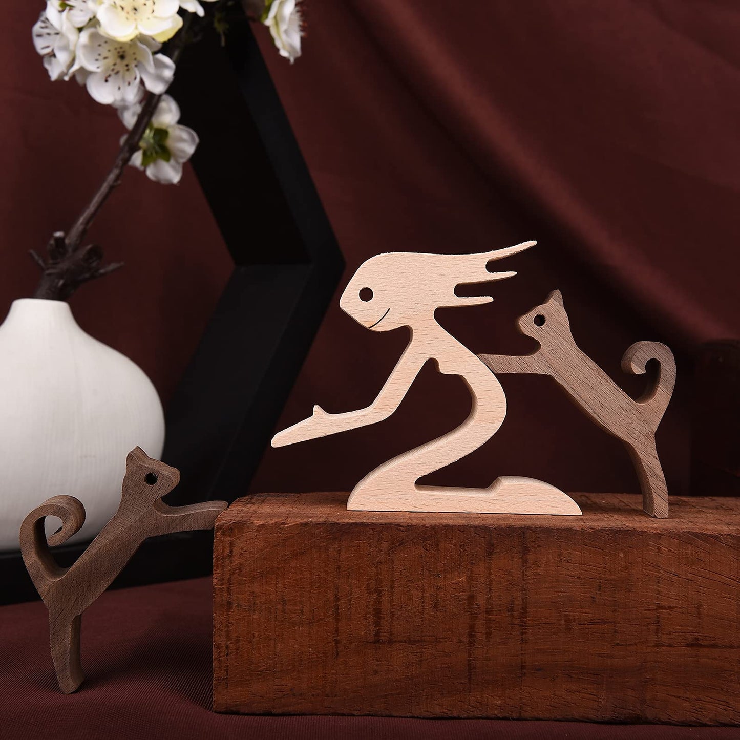 KINGNOW Woman and Cat Statue Wood Figurine Handcraft Kitty Ornament Home Decor Accents