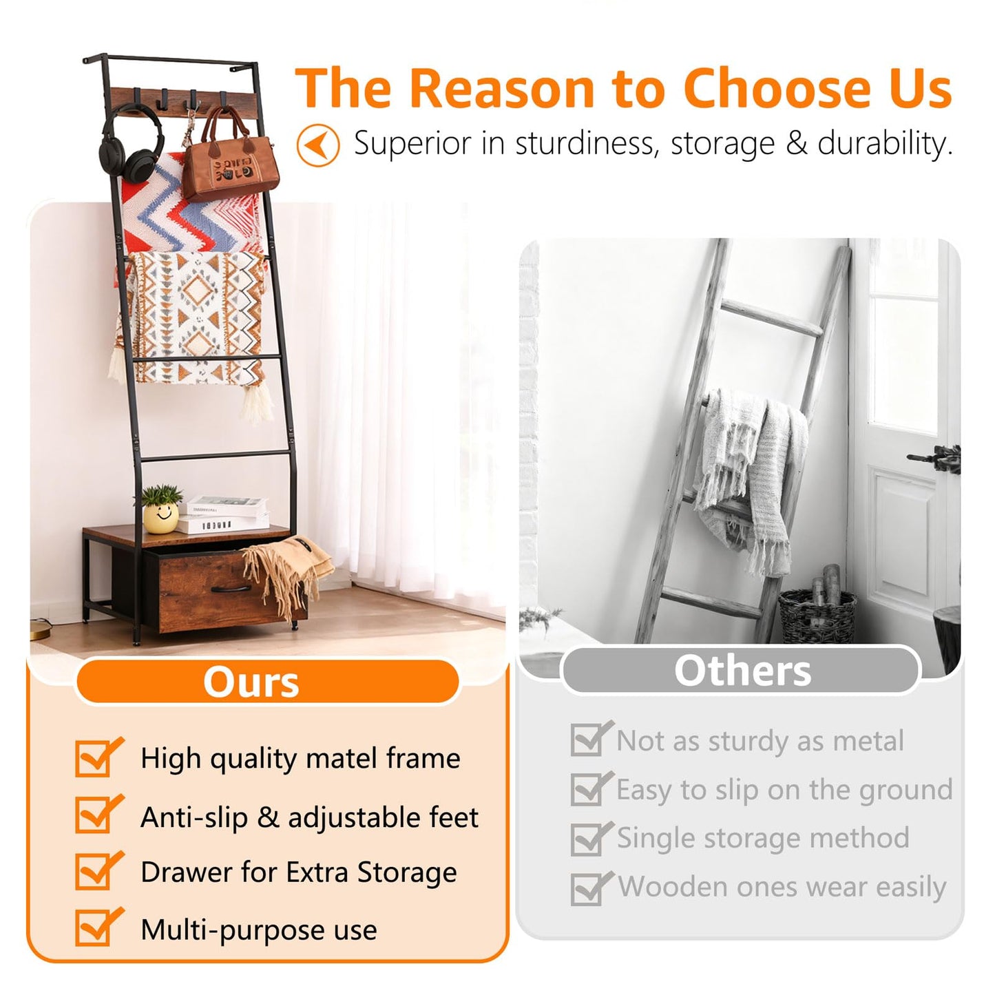 PapeFolicer Metal Blanket Ladder with Storage Drawer, 5 Tier Black Blanket Ladders for the Living Room with Hooks, 5.2ft Wall Leaning Quilt Ladder for Blankets, Towels & Throws, Farmhouse Decor
