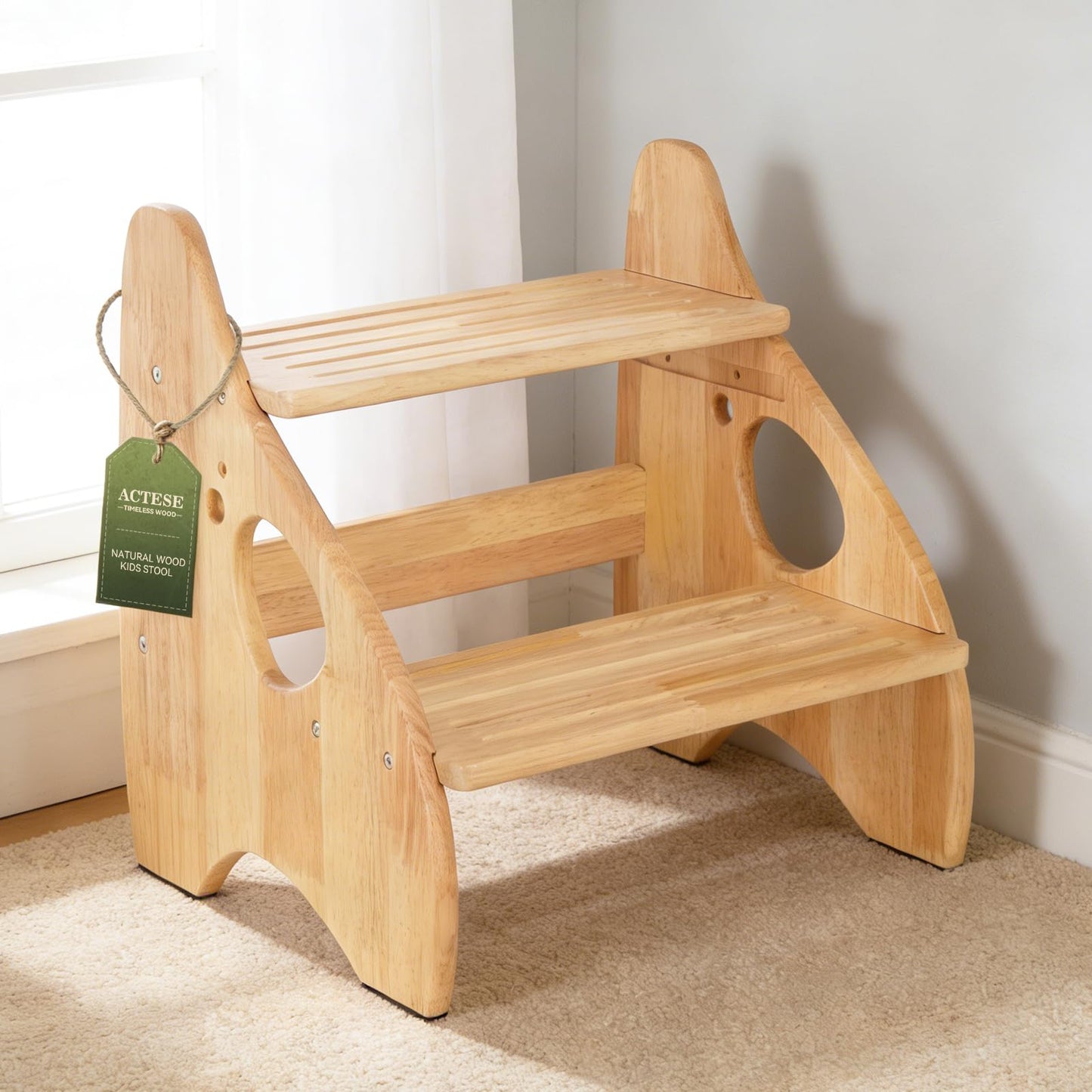 Toddler Step Stool, Adjustable Height 2 Step Stool for Kids with Handles & Non-Slip Pads, Rubberwood Kids Step Stool for Bathroom Sink, Kitchen & Bedroom, Supports Up to 200 lbs, for Adults & Kids