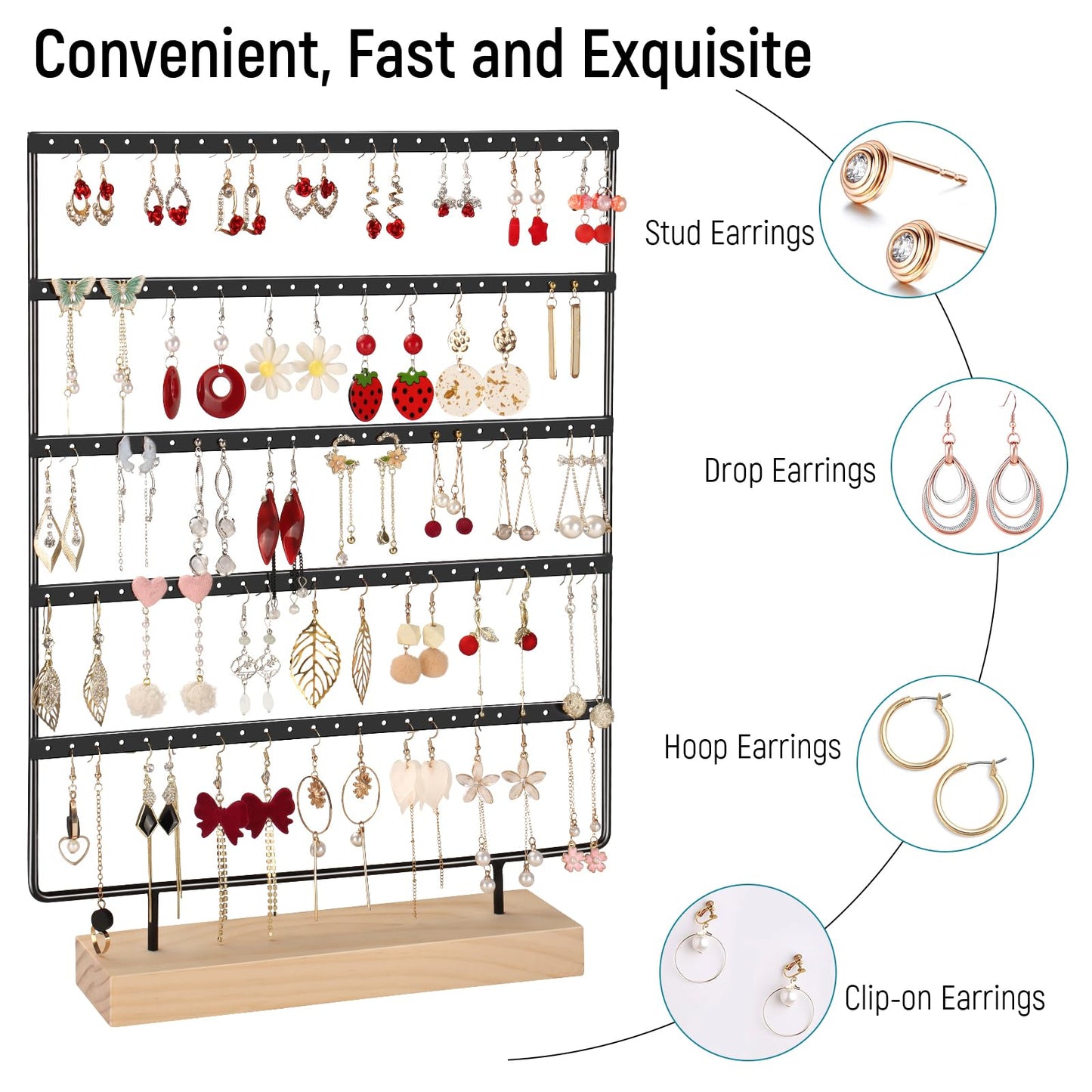 shidaishiye Earring Holder Organizer, 5-Tier Earring Organizer with 60-Pair Capacity, Wooden Base Metal Earring Display, Jewelry Storage & Display for Home Store, Suitable for Women