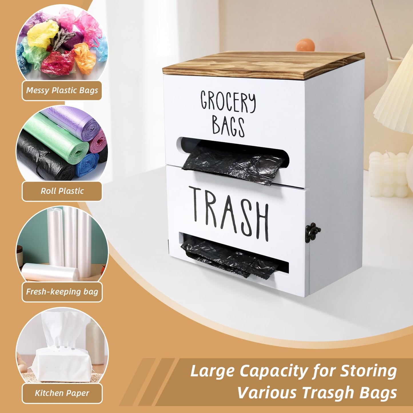 Liuceny 2 in 1 Trash Bag Dispenser, Double Wall Mounted,Wood Trash Bag Holder, used in kitchen, garage, laundry room, can store Environmentally friendly food bags and garbage bags (White)