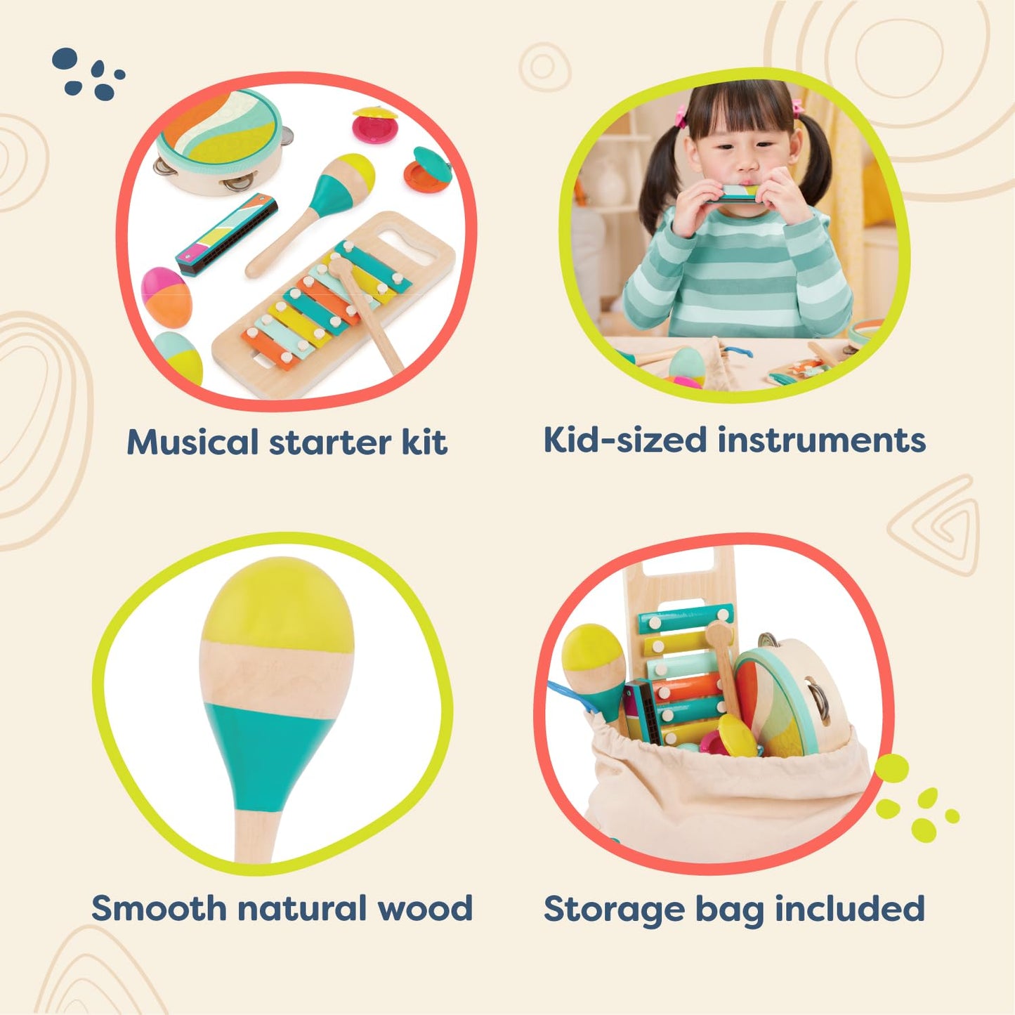 B. toys – Make a Melody – 9 Pieces Wooden Musical Instruments – Xylophone, Tambourine, Harmonica – Drawstring Storage Bag – 2+ Years