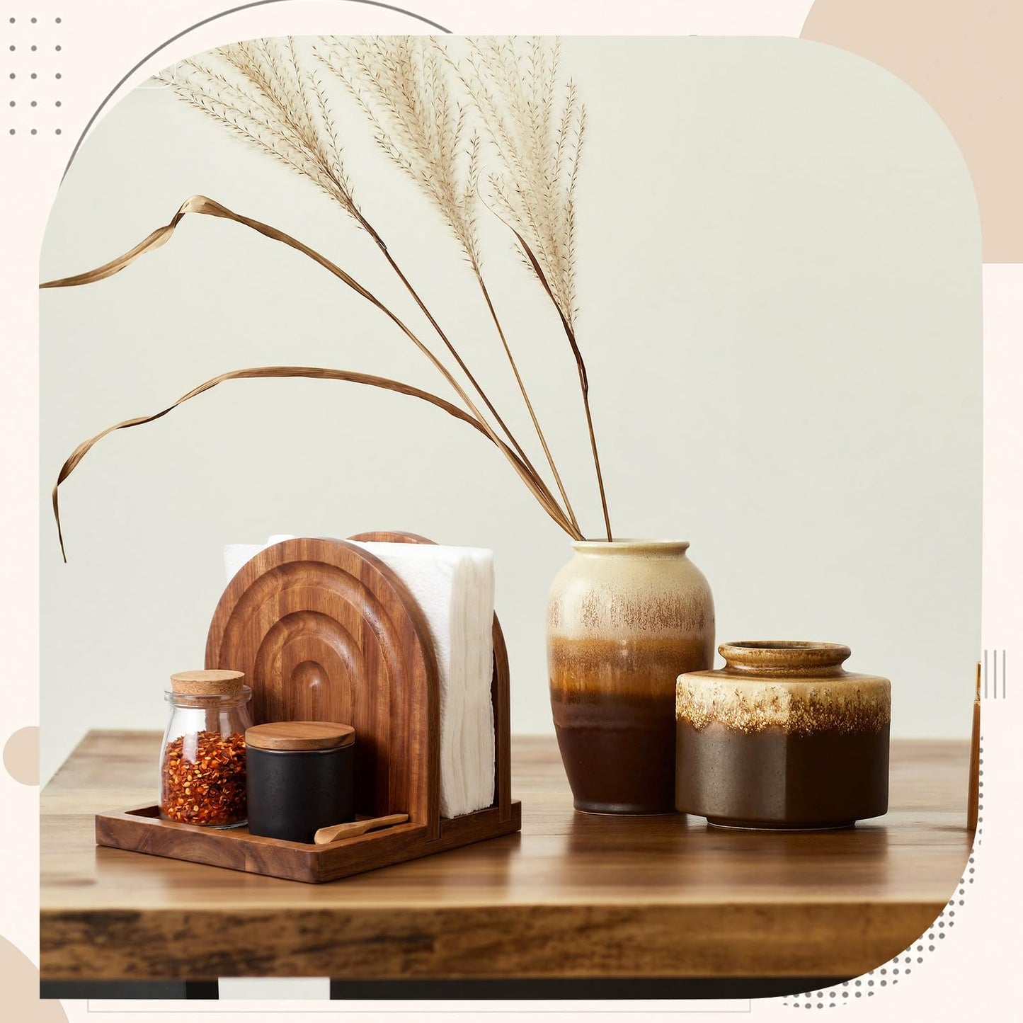 Singhoow Acacia Wood Napkin Holder with Salt and Pepper Shaker Caddy, Modern Arch Paper Napkin Dispenser and Condiment Organizer for Dining Table Kitchen Counter, Farmhouse Boho Home Decor