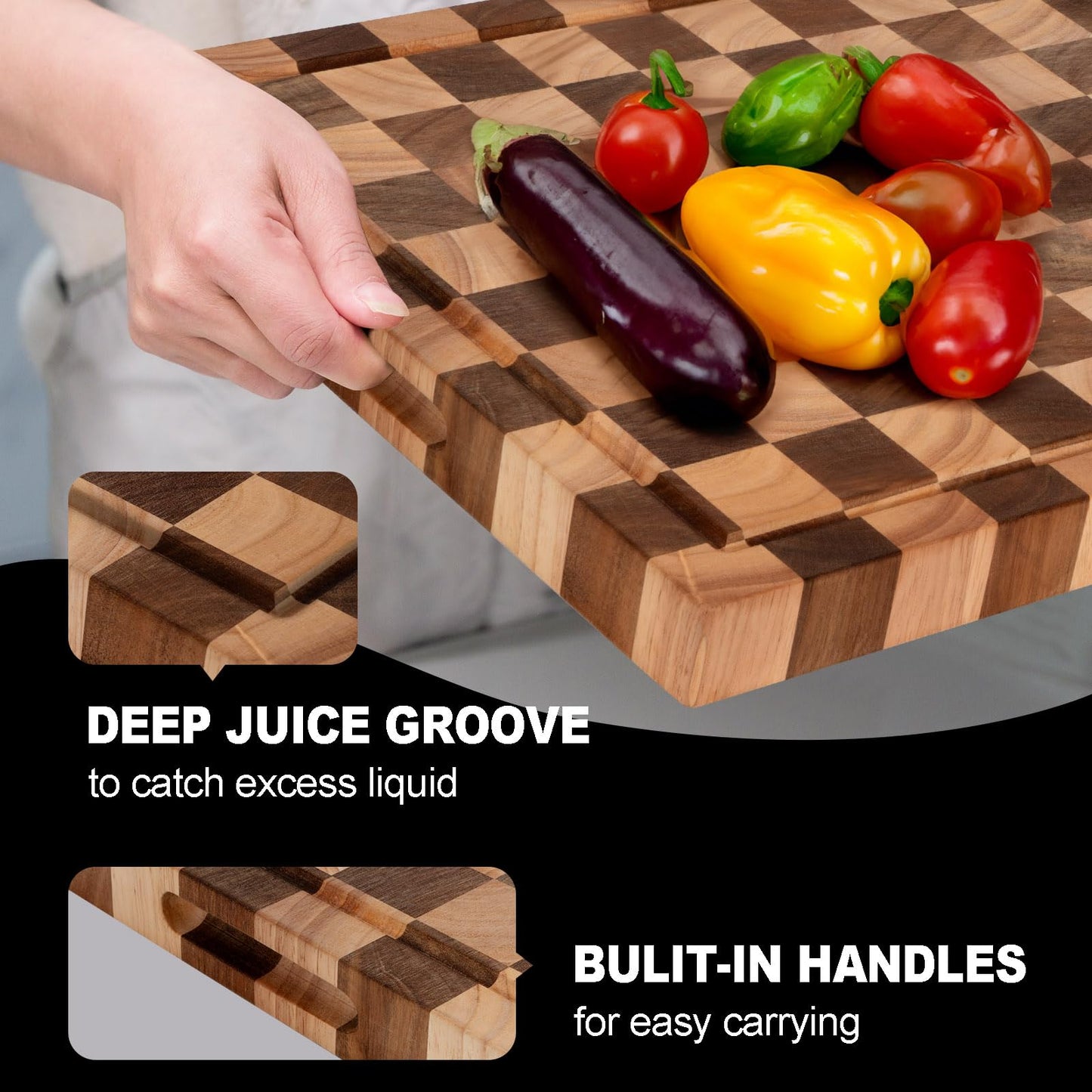 Cookaholic Acacia Wood Cutting Board, 20x15x1.5 Inch, Butcher Block for Kitchen, Premium Acacia Cutting Board with Juice Groove, End Grain Construction from Sustainable Acacia Wood