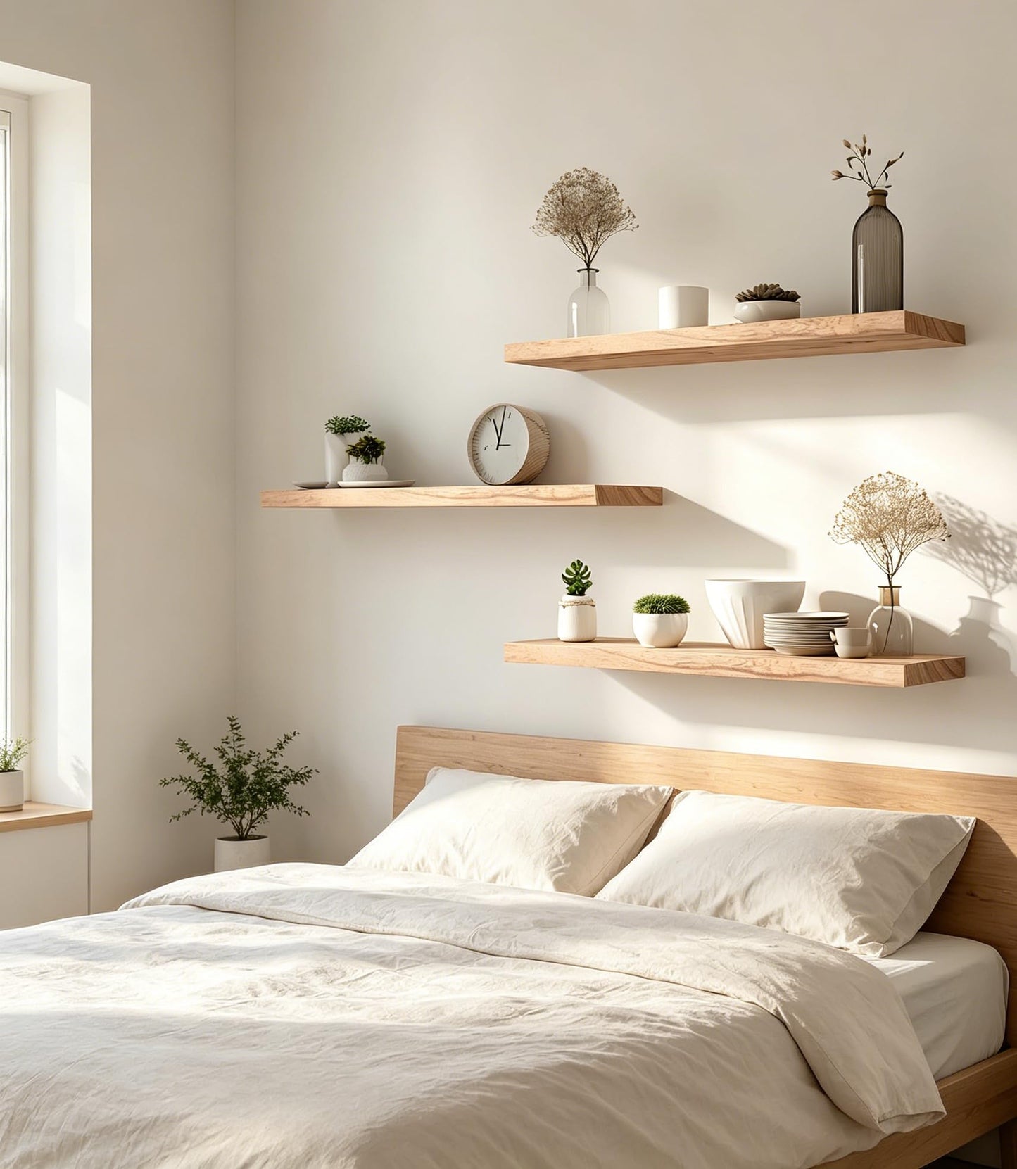 HXSWY 24 Inch Rustic Wood Floating Shelves Farmhouse Wooden Wall Shelves for Bathroom Bedroom Living Room Kitchen Office Set of 4 Light Brown