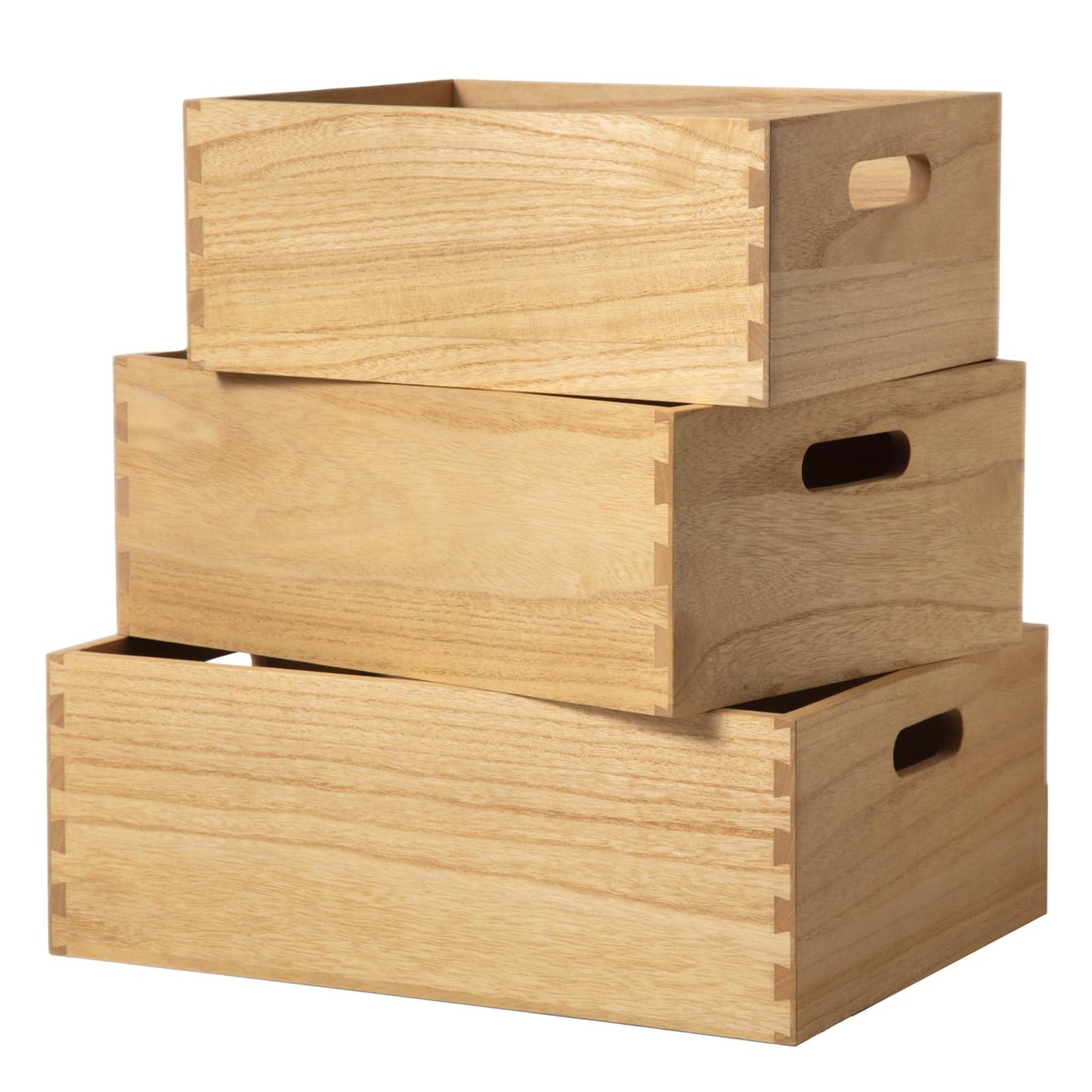 KIRIGEN Nesting Wood Crates with Handles, Set of 3 Decorative Storage Boxes, Farmhouse Shelf Bins for Pantry, Bathroom, Craft Room, Towels, Books, 15.75 x 11.8 x 5.9 in, Natural 3TH-NA