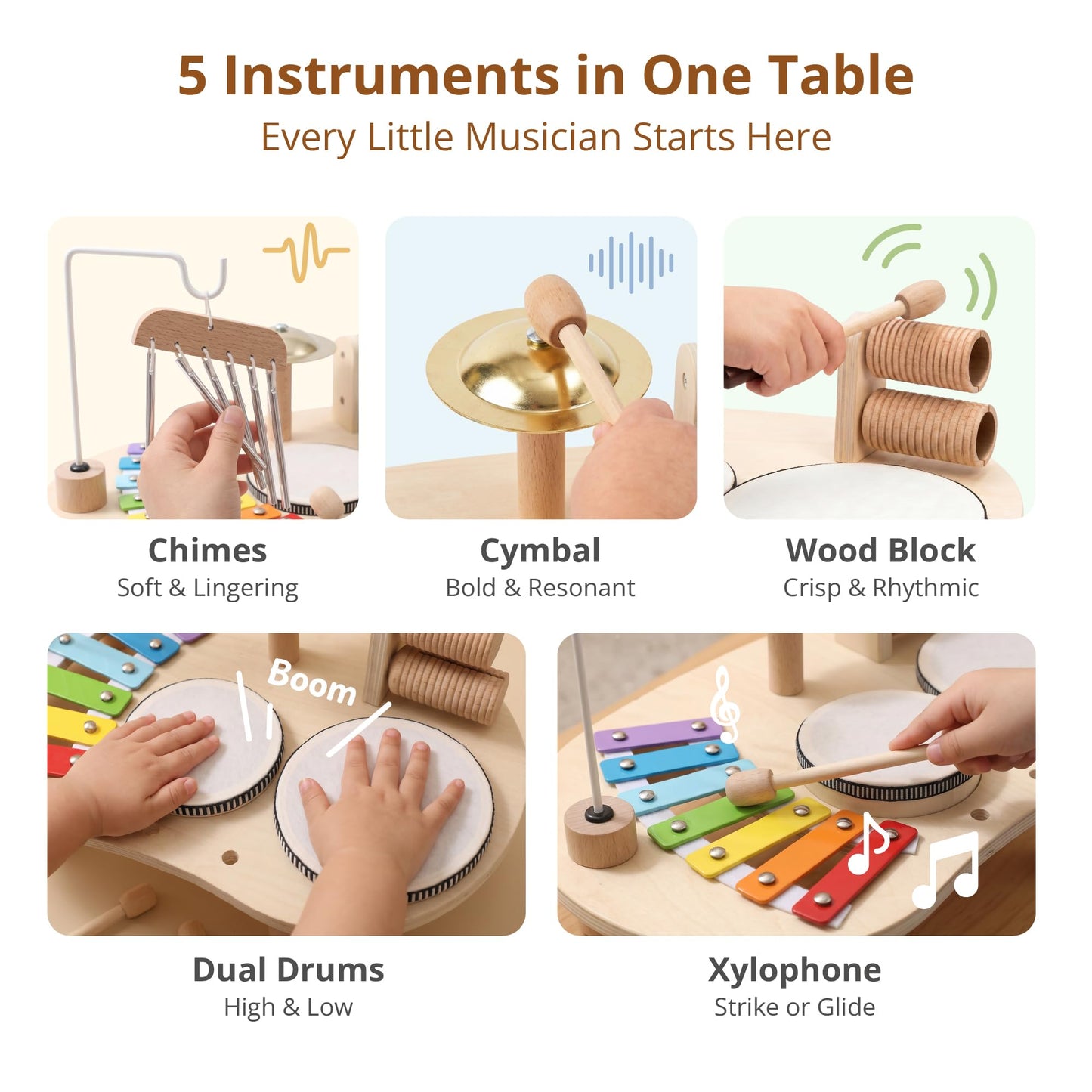 Promise Babe Wooden Drum Set for Toddlers 1-3, Musical Percussion Instruments for Kids Baby Drum Set Xylophone, Montessori Educational Musical Toys for Girls Boys Ages 3+