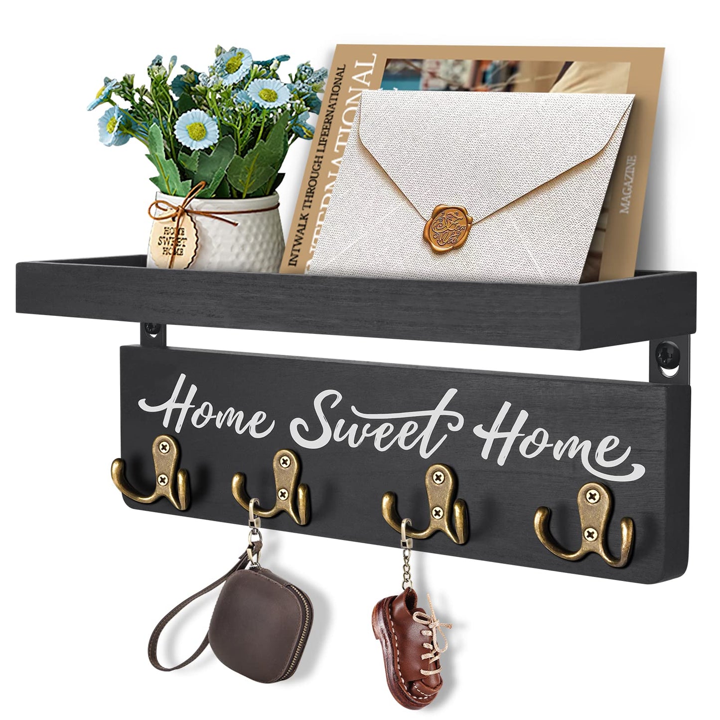 buways Key Holder for Wall Decorative, Rustic Wooden Key Hanger for Wall with 4 Double Key Hooks, Farmhouse Key Holder Rack and Mail Organizer for Home Entryway Decor(Black)