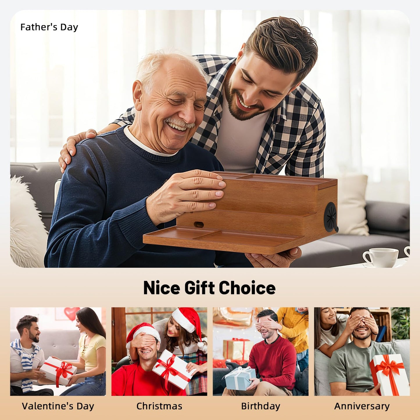 Valet Tray, Nightstand Organizer with Charging Station, Assembly-Free 3 Layer Wood Valet Tray for Men, Phone Docking Station with USB Ports for Watch, Jewelry & Accessories, Nice Gift (Stylish Brown)