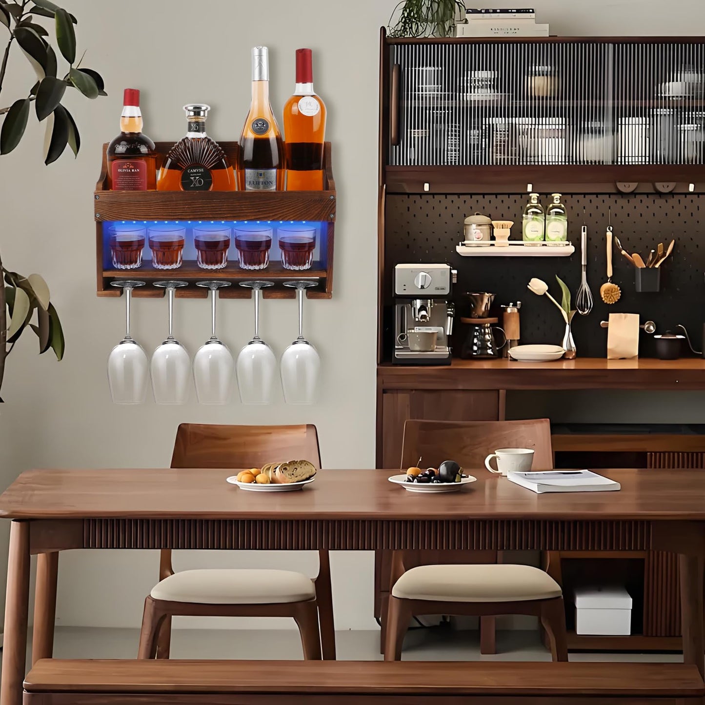 TIRYIUOU 2 Pack Wooden Wine Rack Wall Mounted with LED Light, Wall Wine Rack, Bar Liquor Shelf, Wine Glass Holder Wall Mounted, Floating Bar Shelves for Kitchen, Dining Room, Home Bar