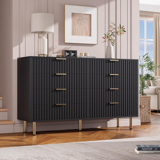 GarveeHome 8 Drawer Dresser for Bedroom, Fluted 55 in Wide Modern Chest of Drawers with Deep Drawers, Wooden Dresser Organizer for Living Room, Hallway, Kids Room, Black