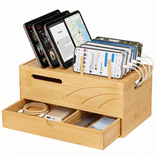 Homde Bamboo Charging Station Organizer: 2 Layer Charger Holder with Drawer for Office Home - Electronic Docking Stand for Multiple Devices, Tablets, Phones