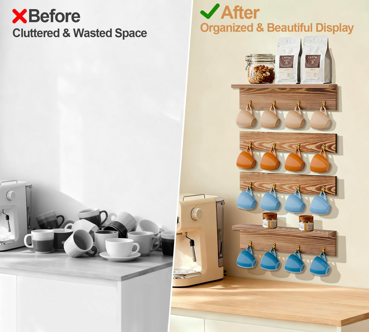 TRSPCWR Coffee Mug Rack Wall Mounted - Coffee Mug Holder with 16 Hooks and Display Shelf, 4 Tier Rustic Wood Bar Cup Organizer for Home Kitchen Display and Collection