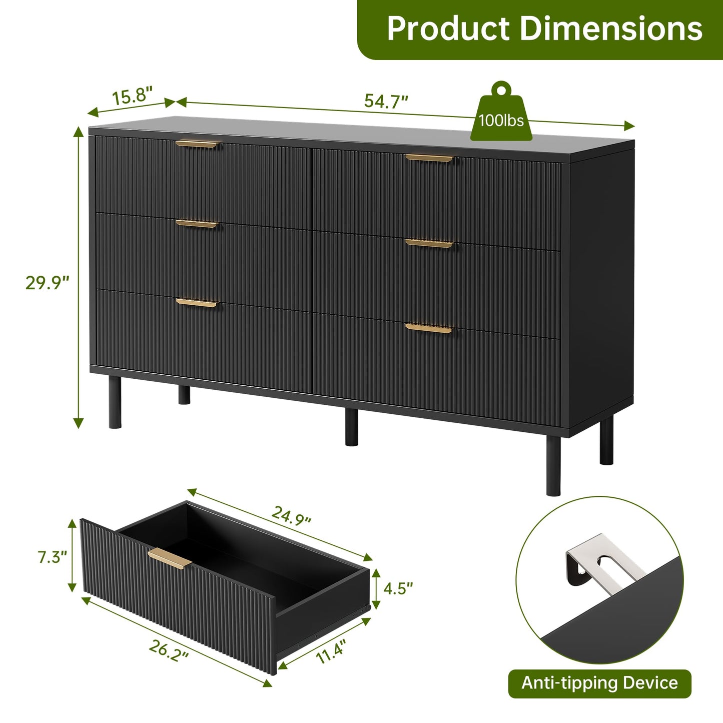 Garvee 29.9'' Tall Fluted Closet Dresser Organizer with 6 Drawers,Black