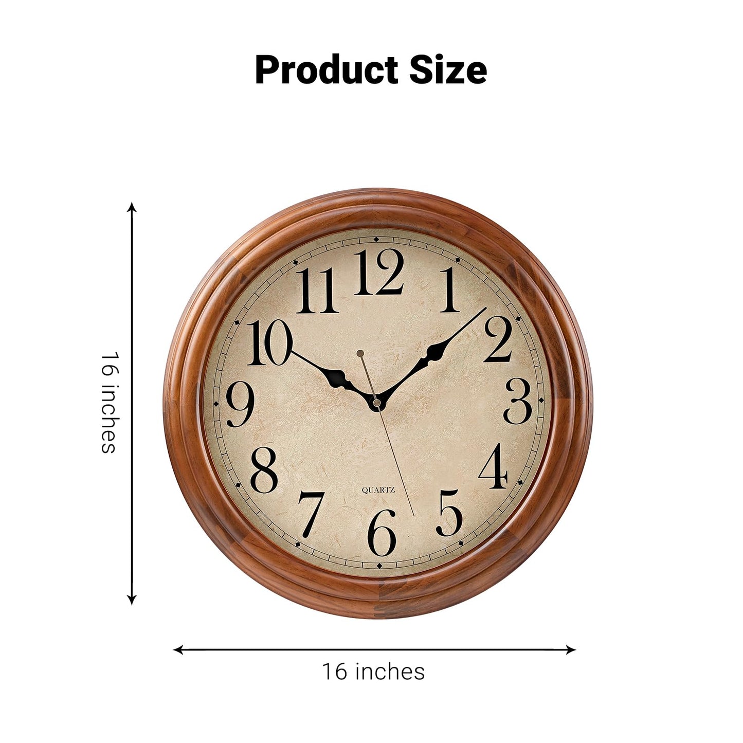 Auafanzy 16 Inches Wooden Wall Clock with Retro Design, Large Round Wood Wall Clock with Big Arabic Numerals, Battery Operated Silent Non-Ticking Brown Clock for Living Room, Kitchen, Bedroom.
