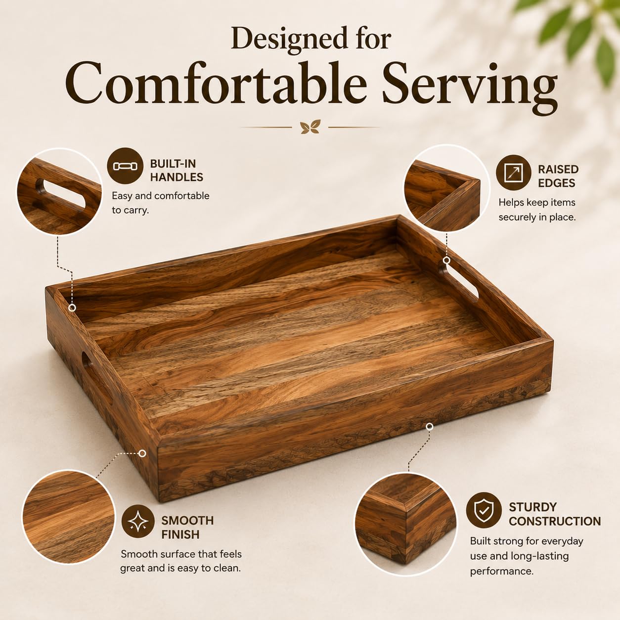 WEBHUSHI Acacia and Mango Wood Serving Tray, 14 x 10 Inches, Brown, 1.5