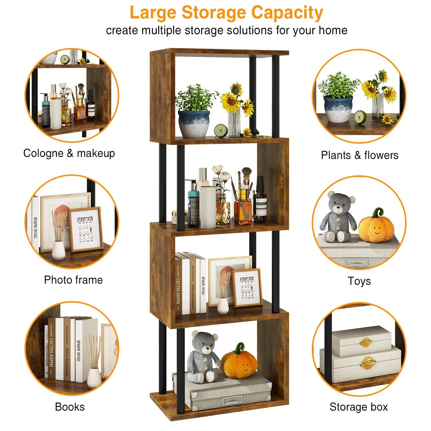 IBUYKE 5-Tier Tall Bookshelf,S-Shaped Geometric Bookcase, Wood Display Shelves with Storage,Industrial Bookshelf for Living Room Bedroom, Home Office, Rustic Brown WBC015H