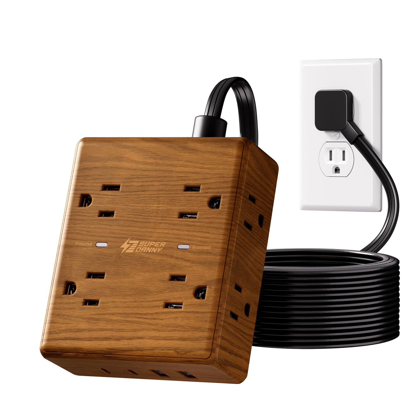 Brown Extension Cord 10Ft, Flat Plug Power Strip Surge Protector, 8 Outlets & 4 USB Ports (2 USB C), Desktop Charging Station Hidden Behind Furniture, Decorative Office Desk Accessories (Walnut Wood)