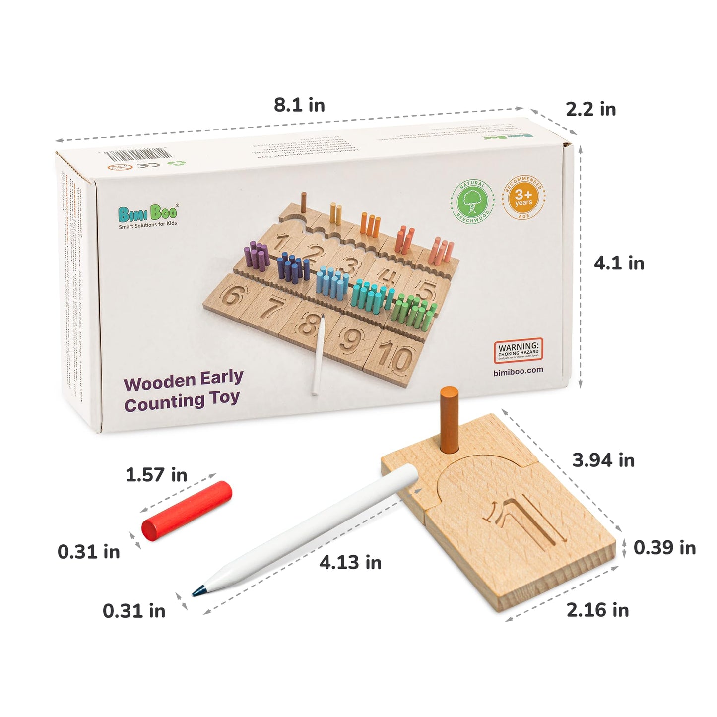 Bimi Boo Counting Peg Boards and Number Tracing for Kids - Wooden Montessori Arithmetic Math Toy Set for Toddlers and Preschoolers - Math Manipulatives for Kindergarten (55 Pegs, 10 Boards, 1 Pencil)