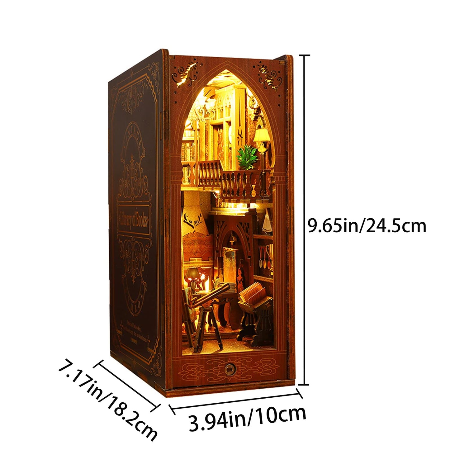 3D Wooden Magic Library Book Nook Kit - Enchanting Bookshelf Insert with Touch LED | DIY Bookend Decor | Ideal for Adults & Teens (Library)
