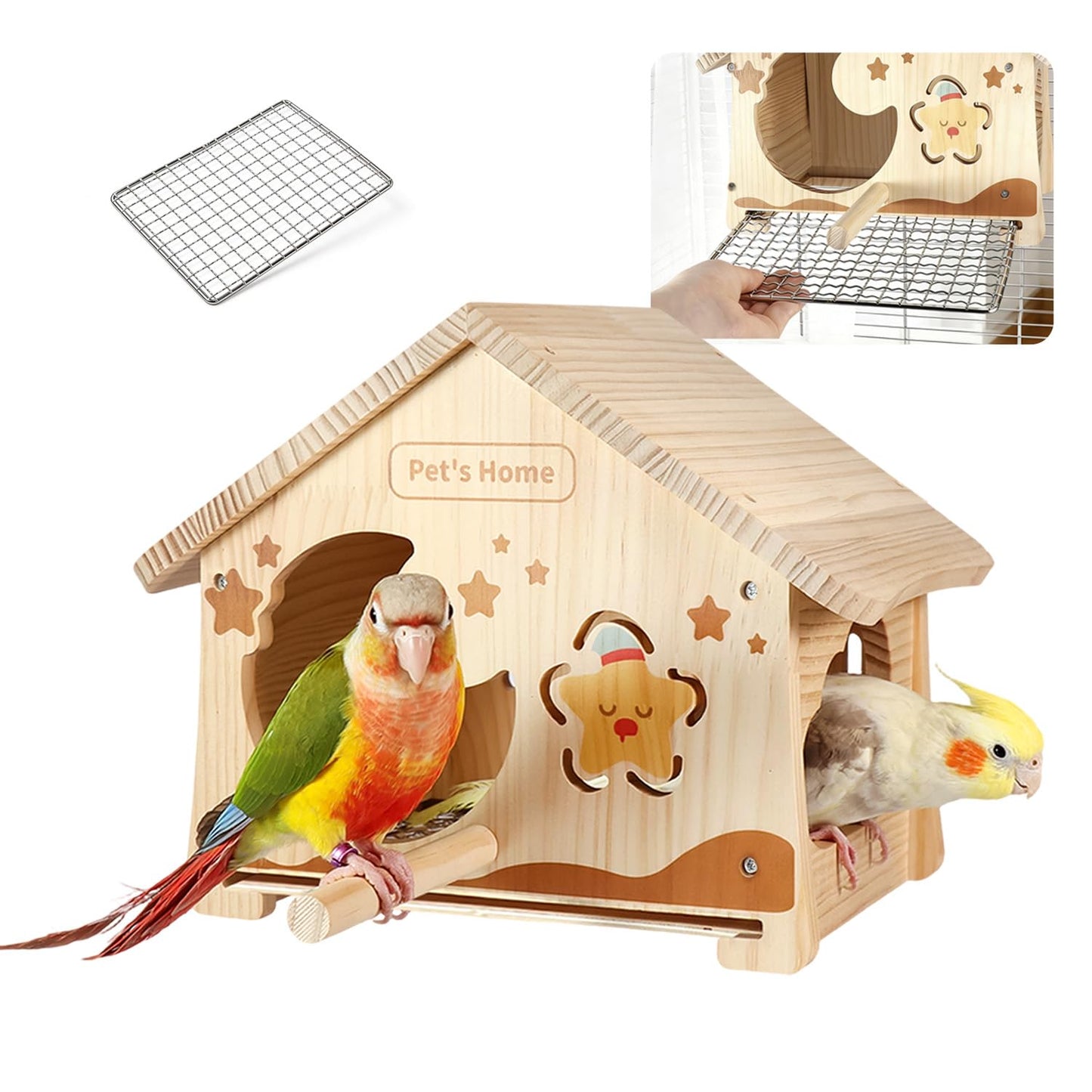 Wooden Bird House with Removable Wood Tray & Stainless Steel Mesh Bottom, DIY Paintable Birdhouse for Lovebirds Budgies Cockatiels Conures, Cozy Bird Nest Indoor Outdoor Use (Wood Tray + Steel Mesh)