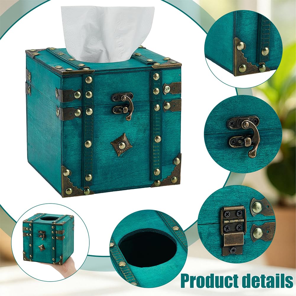 INFUNLY Retro Wood Square Tissue Box 5.8x5.8x5.8 inch Turquoise Napkin Holder Vintage Cube Tissue Box Holder Green Wood Square Tissue Container Cover for Toilet Tank Bathroom Living Room Office Desk