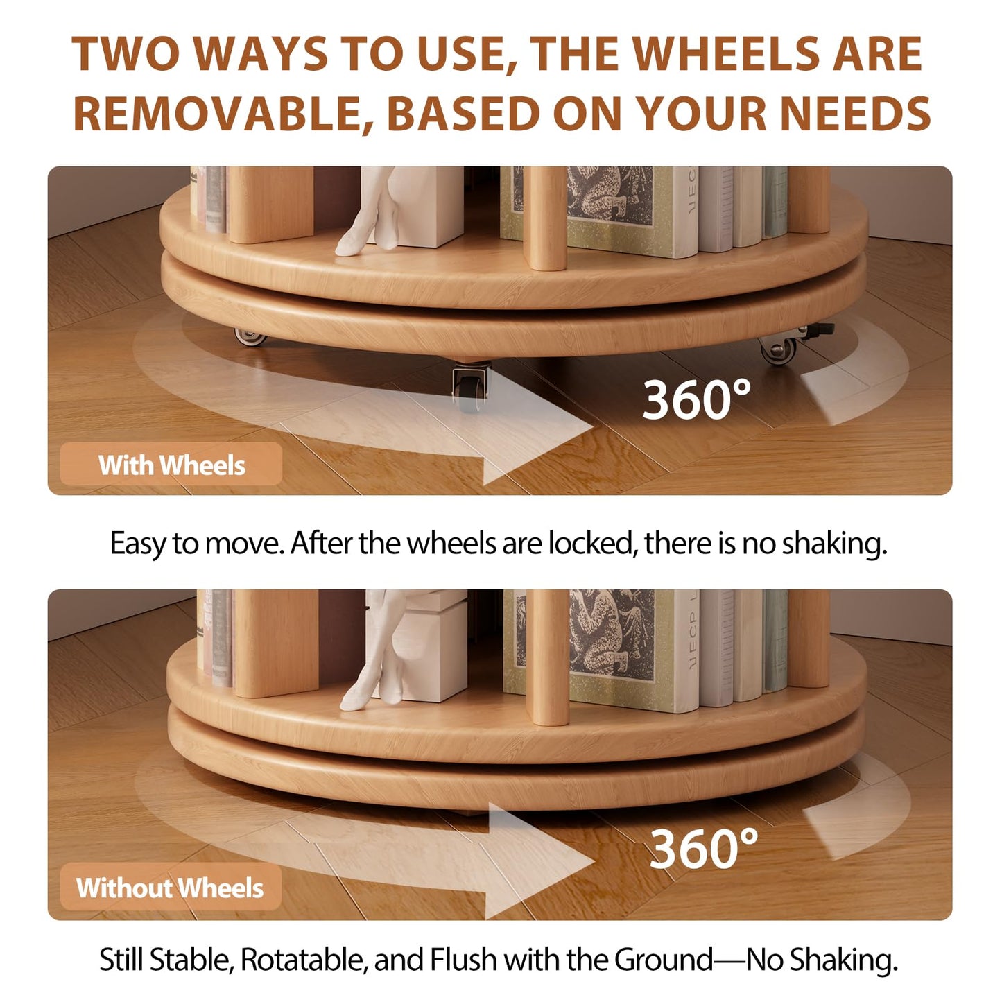 Muwuele Solid Wood Rotating Bookshelf on Wheels, 6 Tier, Round Revolving Bookcase, 360° Spinning Book Shelf Tower for Kids, Narrow Rolling Bookshelves for Small Space, Corner, Bedroom, Office, Natural