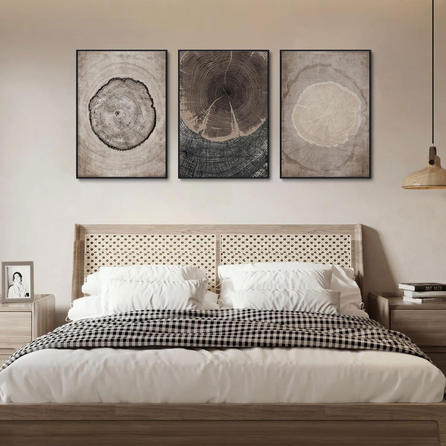 okudolit Tree Rings Canvas Wall Art Set Large Framed Modern Wood Stump Paintings Neutral Abstract Black Beige Wall Decor Forest Nature Art Print for Living Room Bedroom Dining Room Office-16 x24 x3