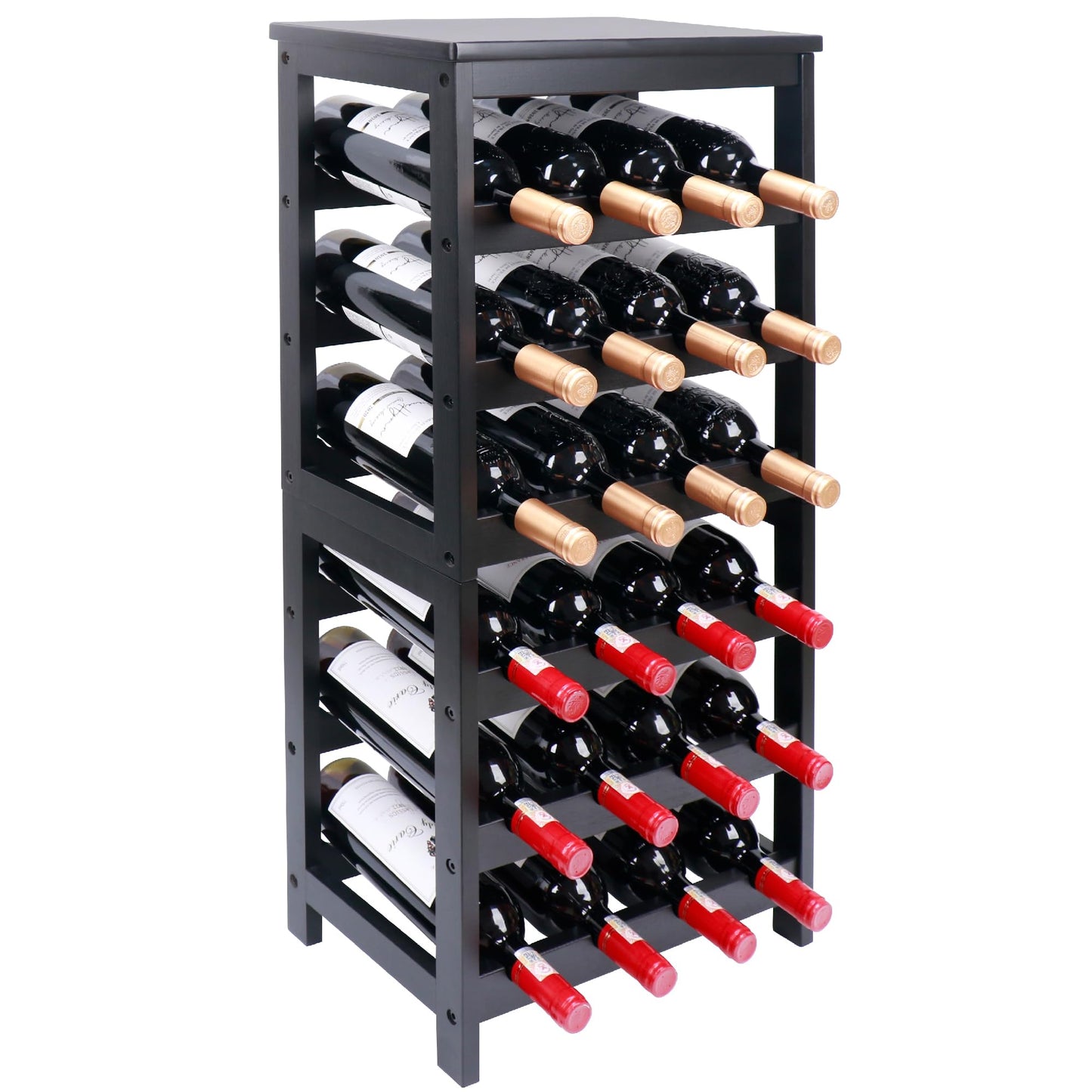 Thalomely Wine Rack Free Standing Floor, 6-Tier 24 Bottles Display Wine Storage Shelves with Table Top, Easy-Assembly Freestanding Bamboo Wine Racks for Kitchen Dining Room Bar, Black