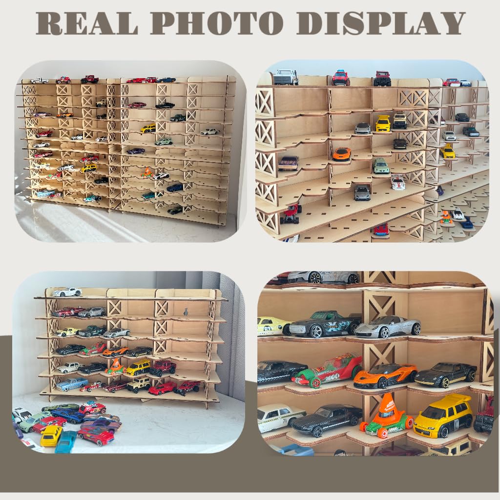 Wood Toy Car Hot Wheels Display Rack, Holds 36 Diecast Cars Model Car Display Case 1/64 Scale Toy Cars Organizer Freestanding or Wall-Mounted Toy Car Storage Cabinet (Wood, Medium)