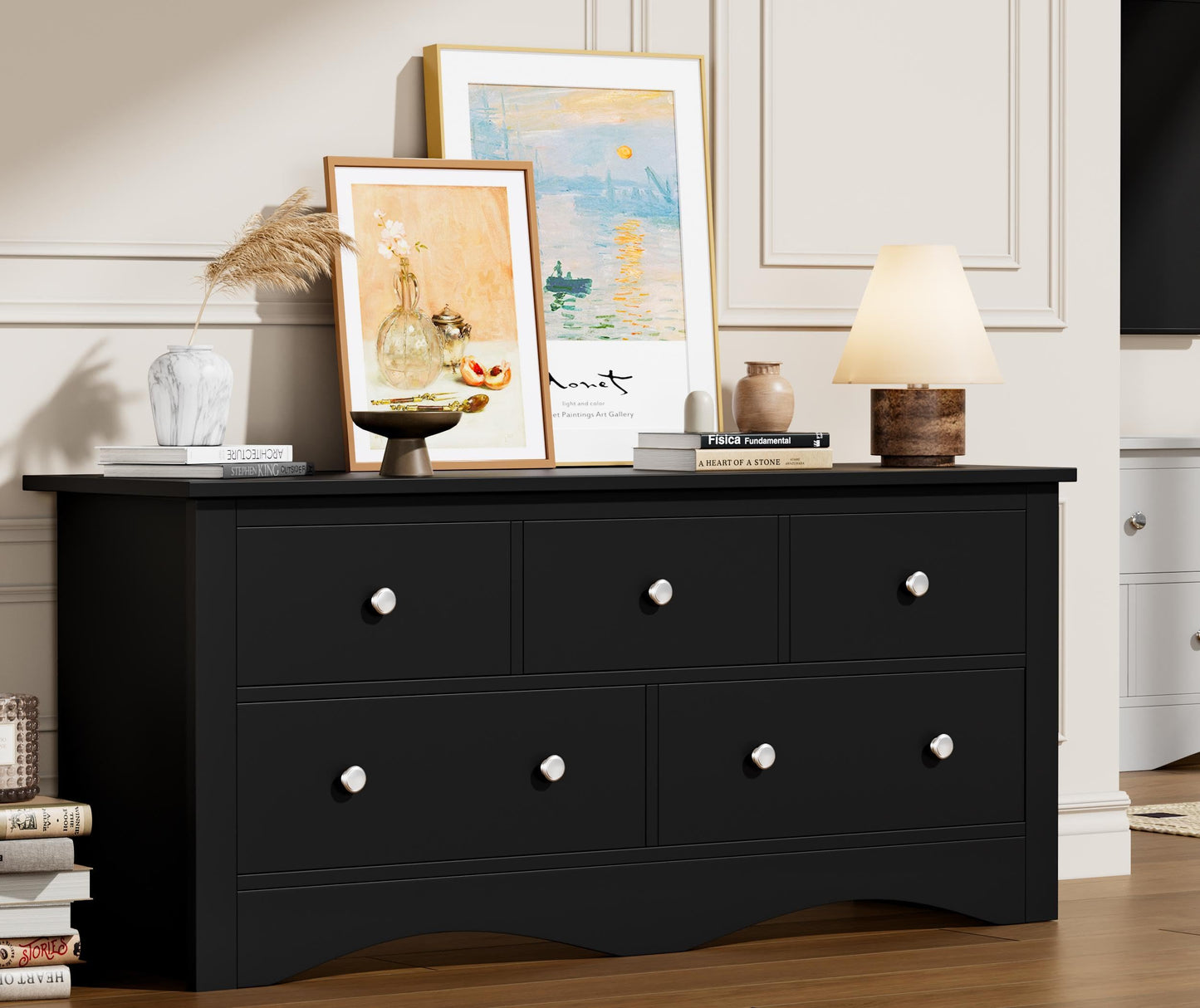 Flamaker Dresser for Bedroom, 5 Drawer Dresser, Wood Dressers, Wide Chest of Drawer, Storage Drawers, Storage Organizer for Closet, Hallway (Black)