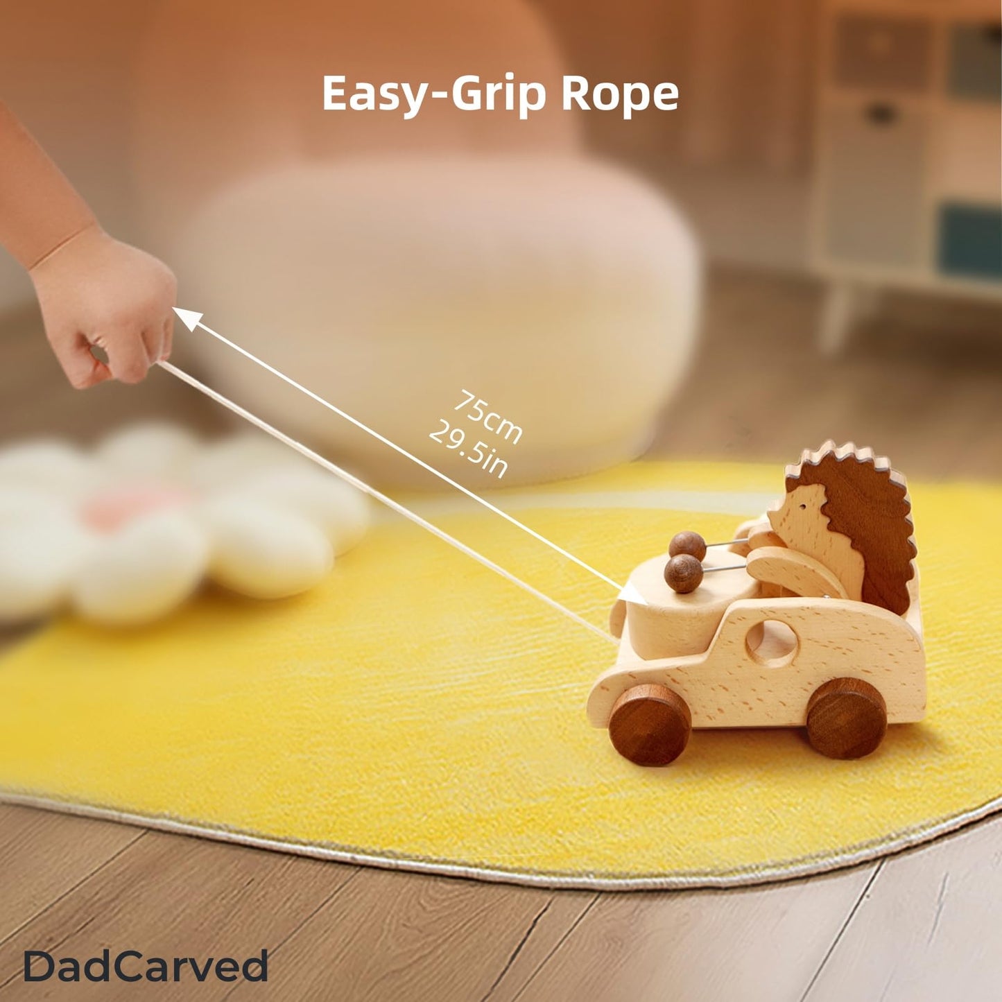 DadCarved Hedgehog Pull Toy | Montessori Wooden Pull-Along Walking Toy with Wooden Grip Ring | Natural Drumming Sound for Kid Toddlers