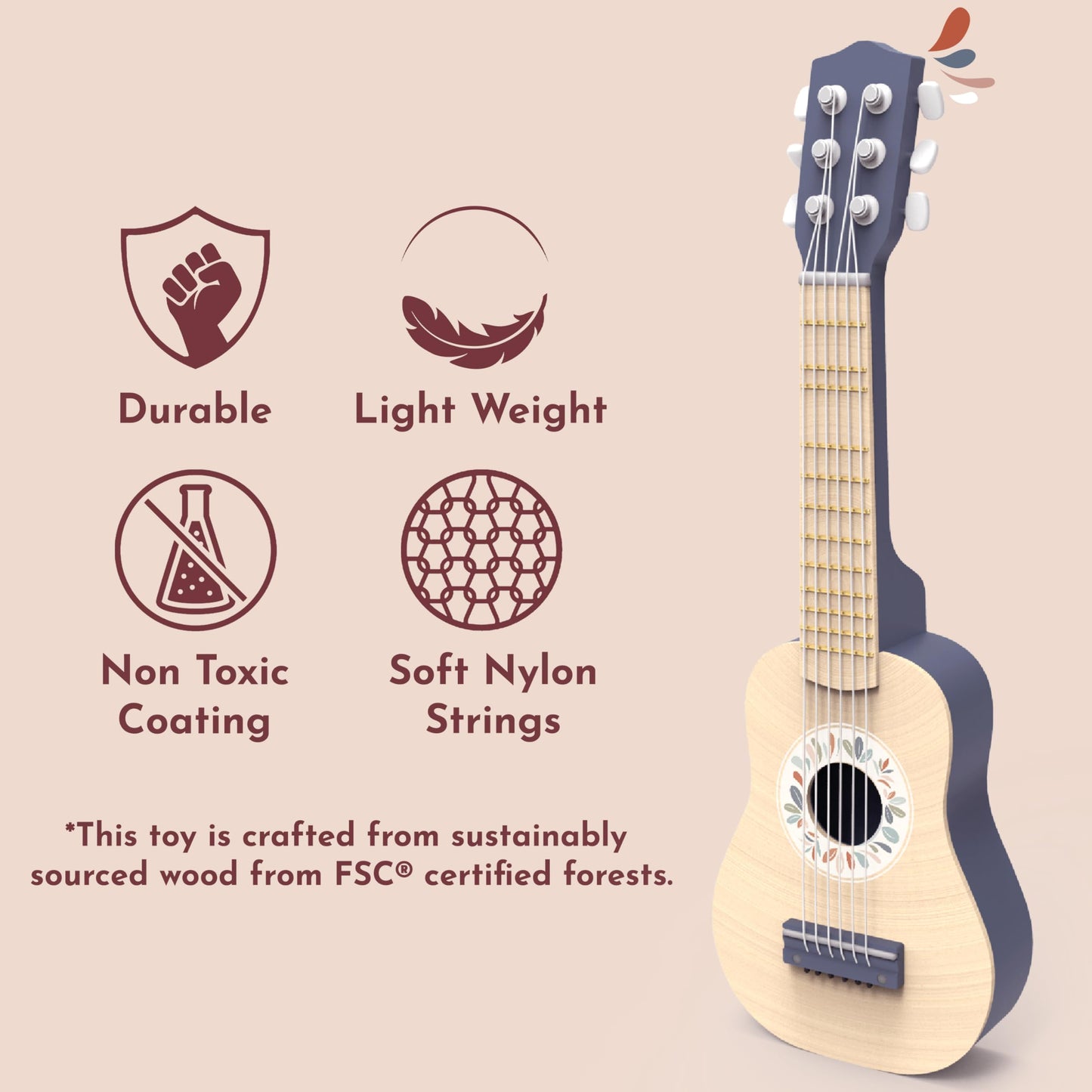 SPEEDY MONKEY Wooden Kids Guitar Toy 6-String Nylon for Ages 3+ Learning