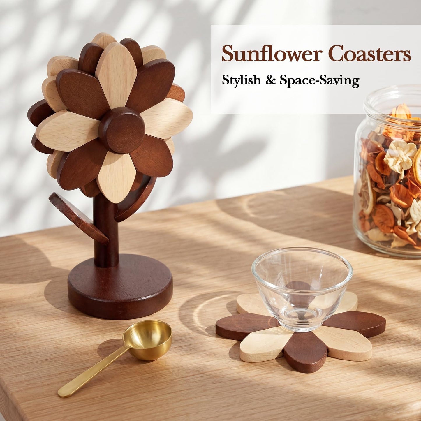 Threehoney Wooden Flower Coaster Set Wooden Trivets for Hot Dishes Tree Shape Trivet Set 4 Wood and 1 Stand Stored Beech Color Blocked Design(Walnut Wood Color)