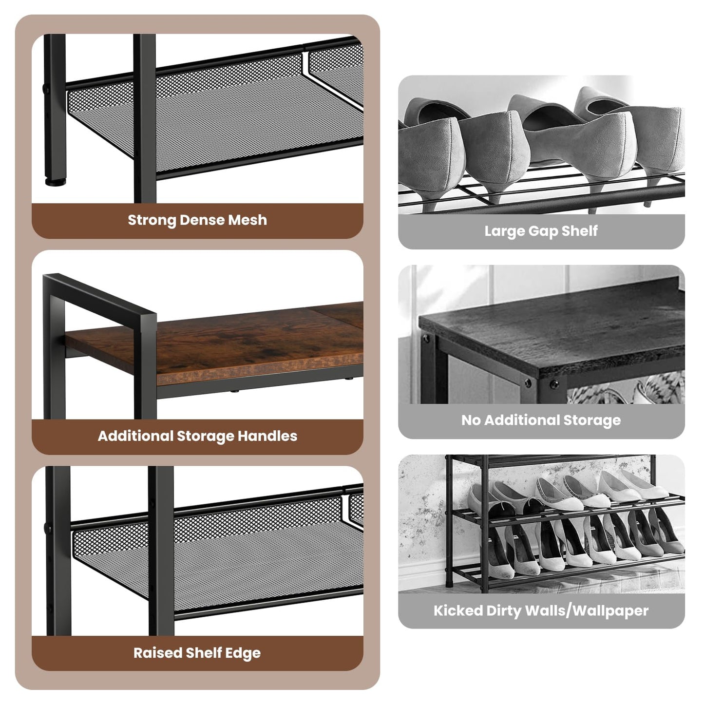 BASICS4ALL 4 Tier Shoe Rack for Entryway, Metal Shoe Rack Heavy Duty with Wooden Top & Adjustable Mesh Shelves, Shoe Storage Organizer for Front Door Entrance/Closet/Bedroom/Dorm/Garage