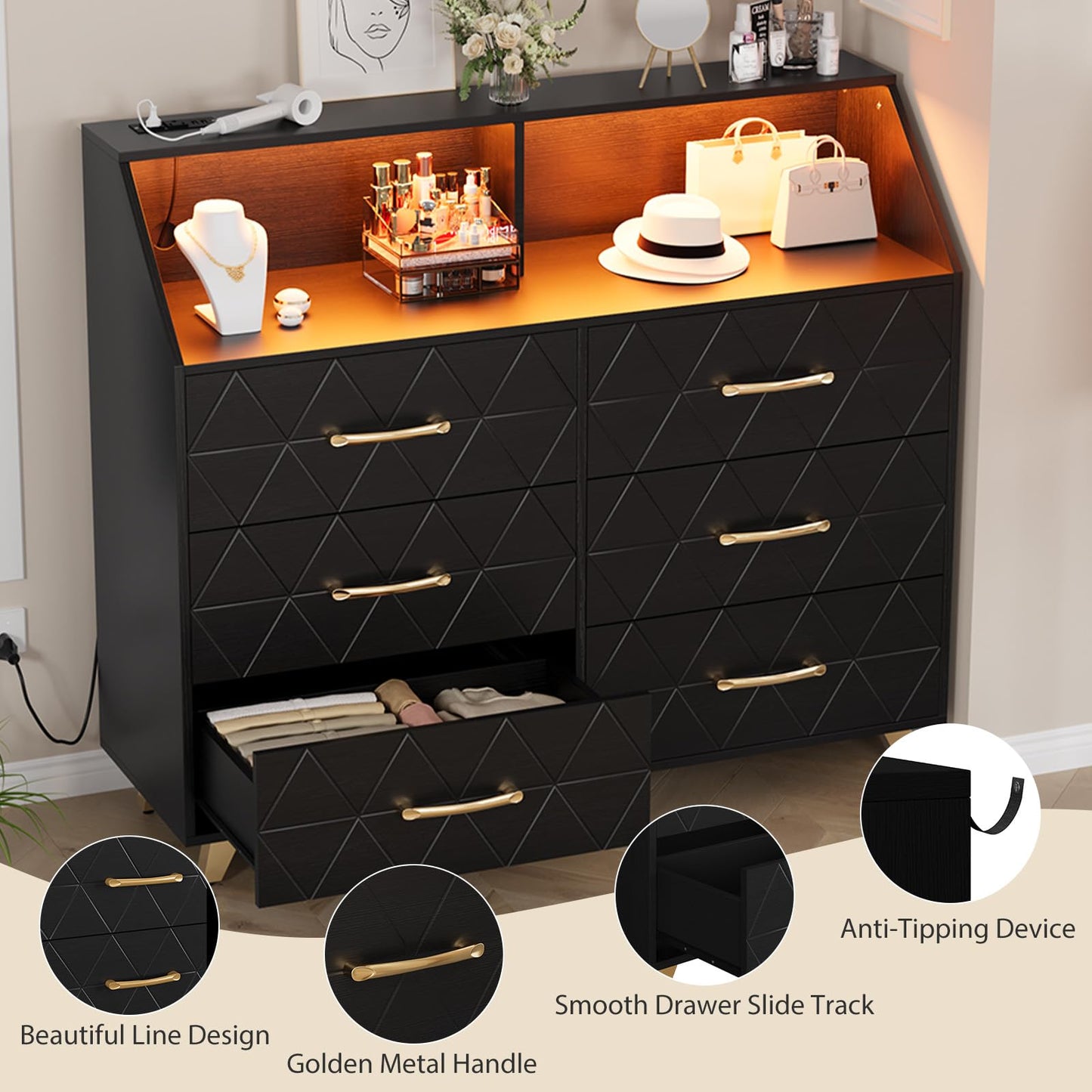 GarveeLife Modern 6 Drawer Dresser with LED Lights & Charging Station - Spacious Wooden Storage Cabinet - Sturdy Metal Legs - Ideal for Bedroom, Living Room, Hallway, Entryway - Color: Black