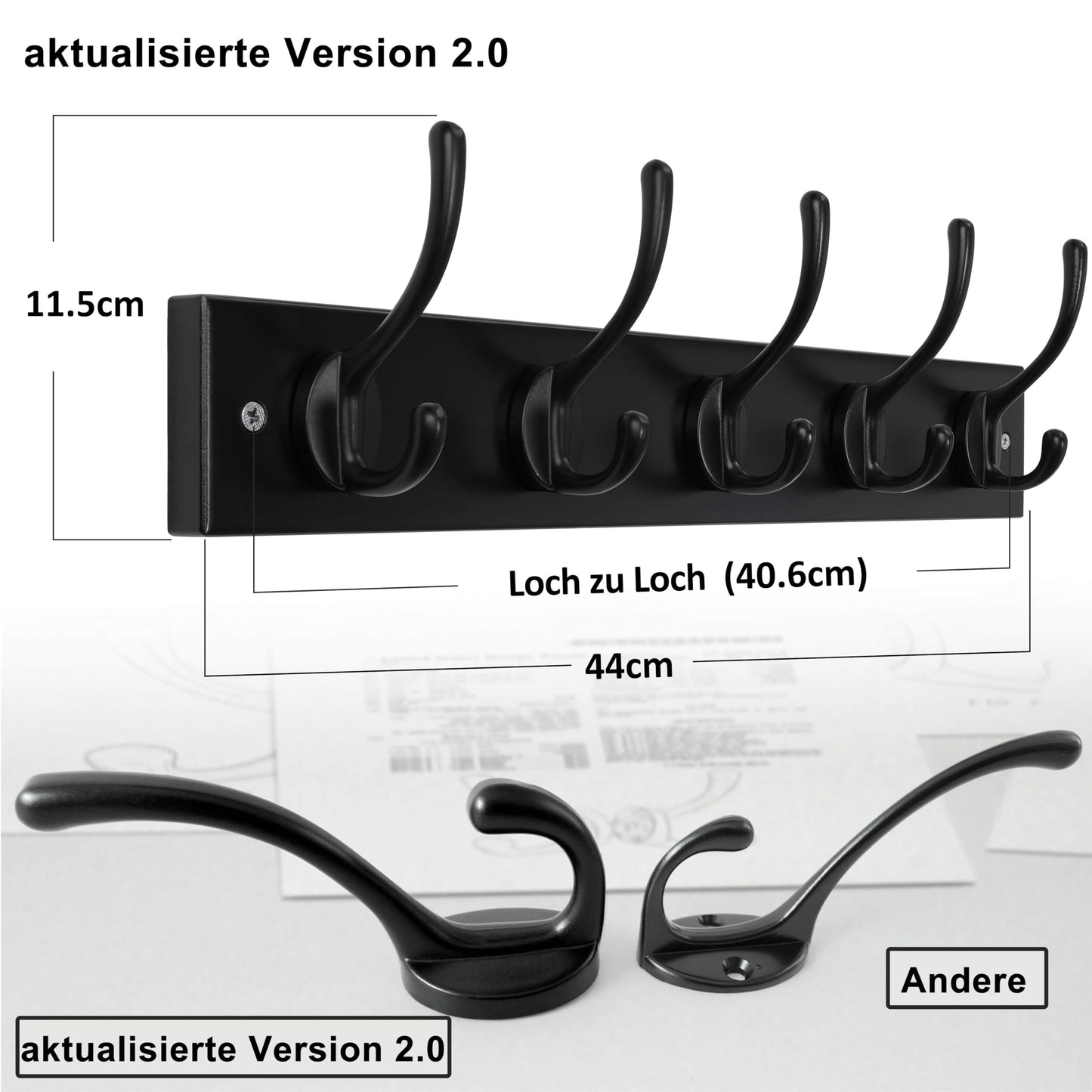 Dseap Wall Mounted Coat Rack: 16" Hole to Hole, Coat Hook Hanger with 5 Metal Hooks for Hanging Coats Towels Hats Clothes, Black