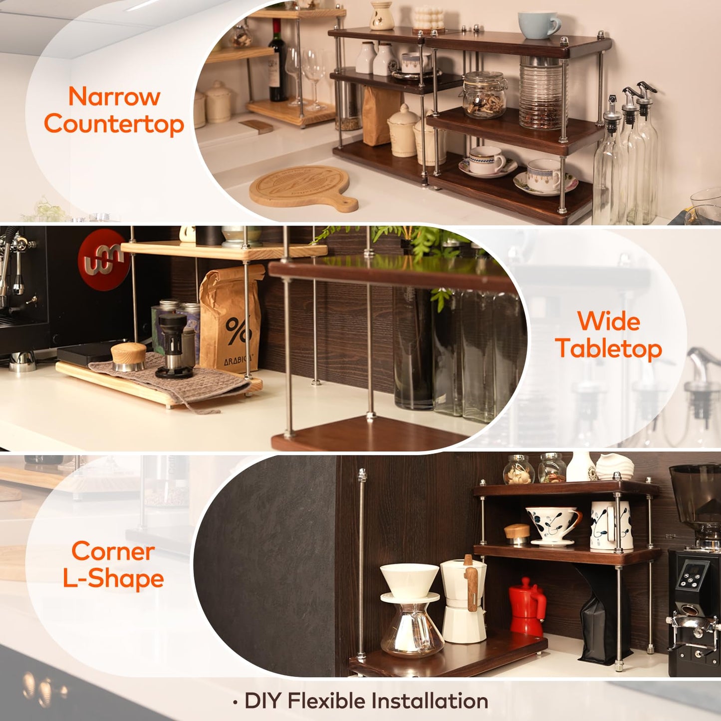 CheerNest Solid Wood Bread Box and 3 Tier Coffee Bar Rack for Kitchen Countertop, Brown