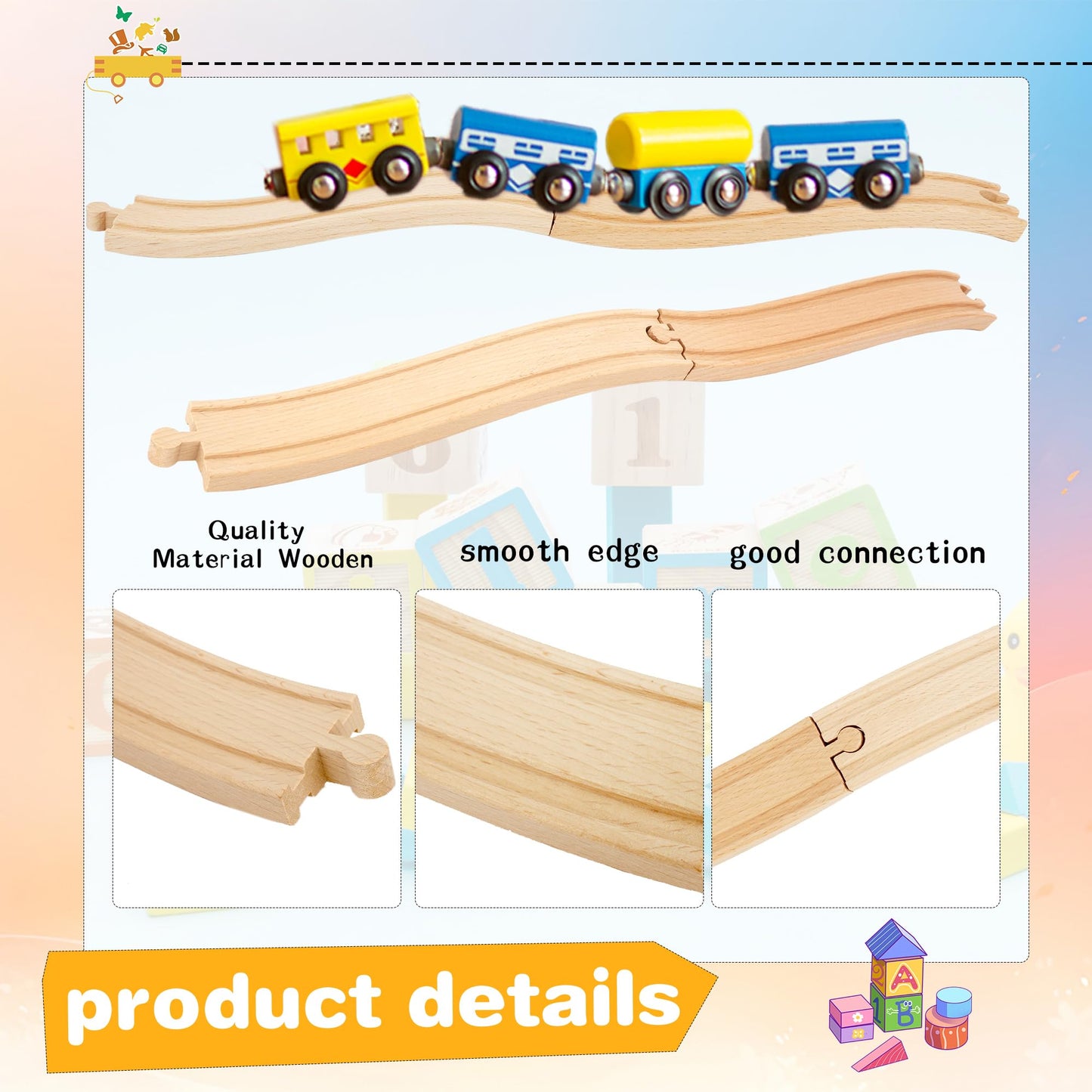 16 Pack Wooden Train Ascending Descending Tracks Wood Track Pieces Hardwood Train Track Expansion Packs Compatible with All Major Wooden Railways