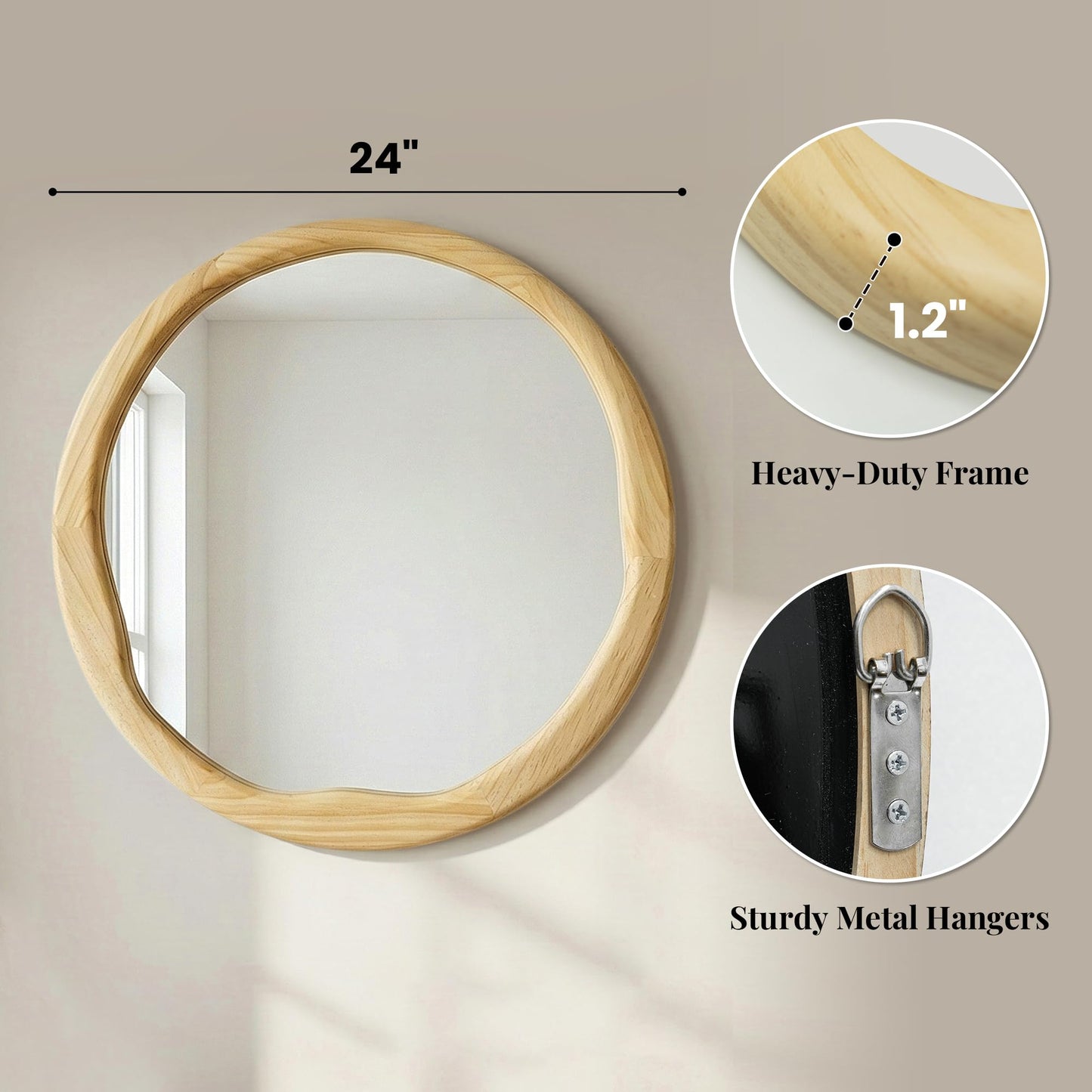 Pocetry Natural Wood Round Mirror 24 Inch, Solid Wood Framed Wall Mirror with Irregular Wavy Inner Edge for Bathroom Vanity, Bedroom & Boho Decor