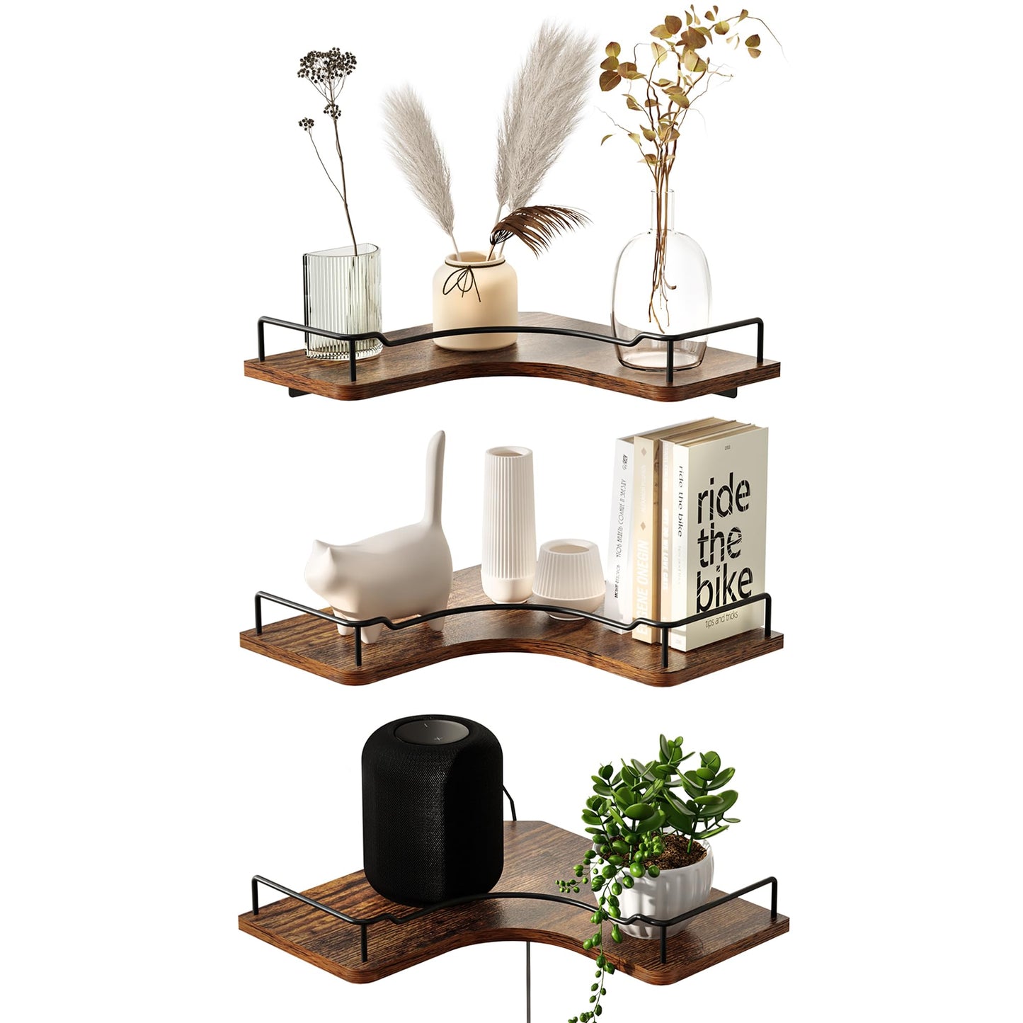FNBAR L-Shaped Corner Floating Shelves Set of 3,Rustic Wood Wall Mounted Storage Shelves,Display Shelf for Bathroom, Kitchen,Bedroom, Living Room, Office (Brown)