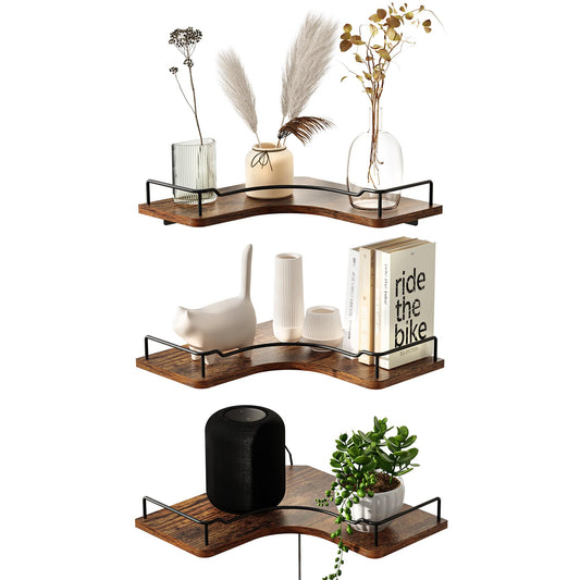 FNBAR L-Shaped Corner Floating Shelves Set of 3,Rustic Wood Wall Mounted Storage Shelves,Display Shelf for Bathroom, Kitchen,Bedroom, Living Room, Office (Brown)