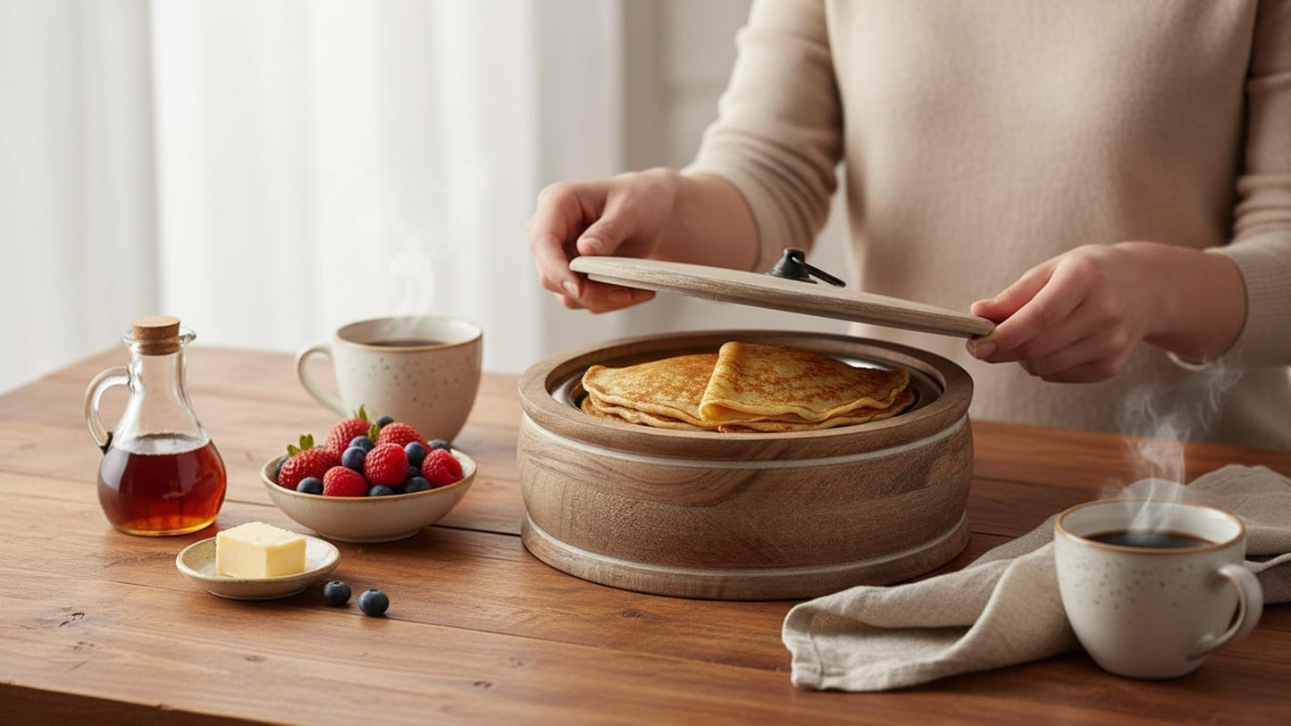 Handcrafted Wooden Mexican Tortilla Warmer Basket Indian Chapati Roti Bread Holder Box Pancake Keeper Serveware Hot Pot Casserole Dish With Lid Home Kitchen Dining Decor, Natural Brown, 9 x 3.5 Inches
