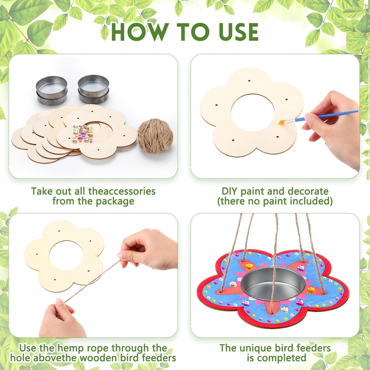 CroBlissful 12 Pack Bird Feeder Craft Kits for Kids DIY Your Own Bird Feeders with Paint and Paintbrushes Wooden Arts and Crafts for Kid Ornaments to Paint Feeders Craft for Garden(Flower Shape)