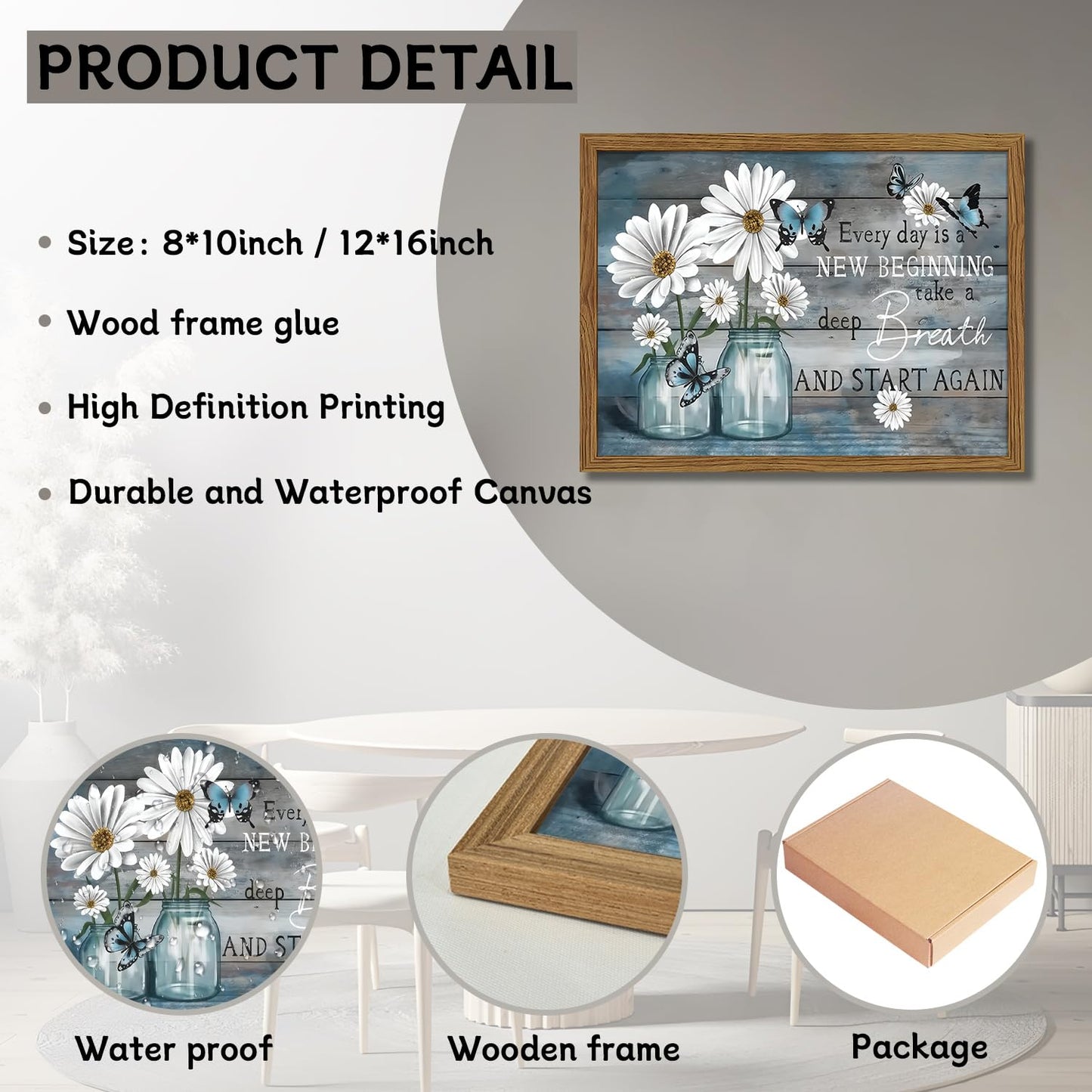 Wood Framed Daisy Butterfly Wall Art, Blue Rustic Farmhouse Canvas Wall Decor Paintings, Inspirational Flower Still Life Posters Prints Pictures for Bathroom Bedroom Home Decor 12x16 Inch