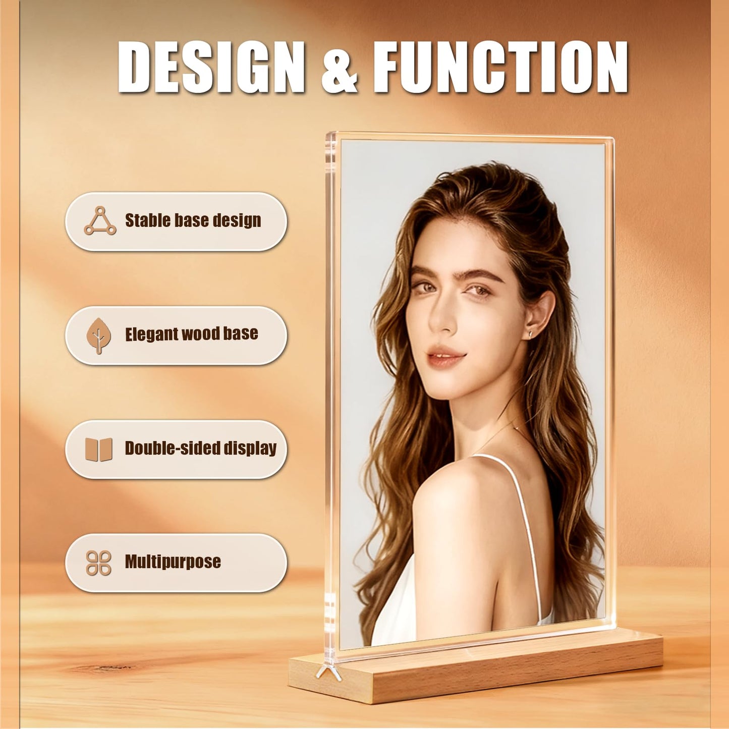 obivioo 4×6 inch Acrylic Table Top Sign Holder with Beech Wood Base – Double-Sided Menu Display Stand, QR Code Frame, Small Table Sign for Restaurant & Wedding(6pack)