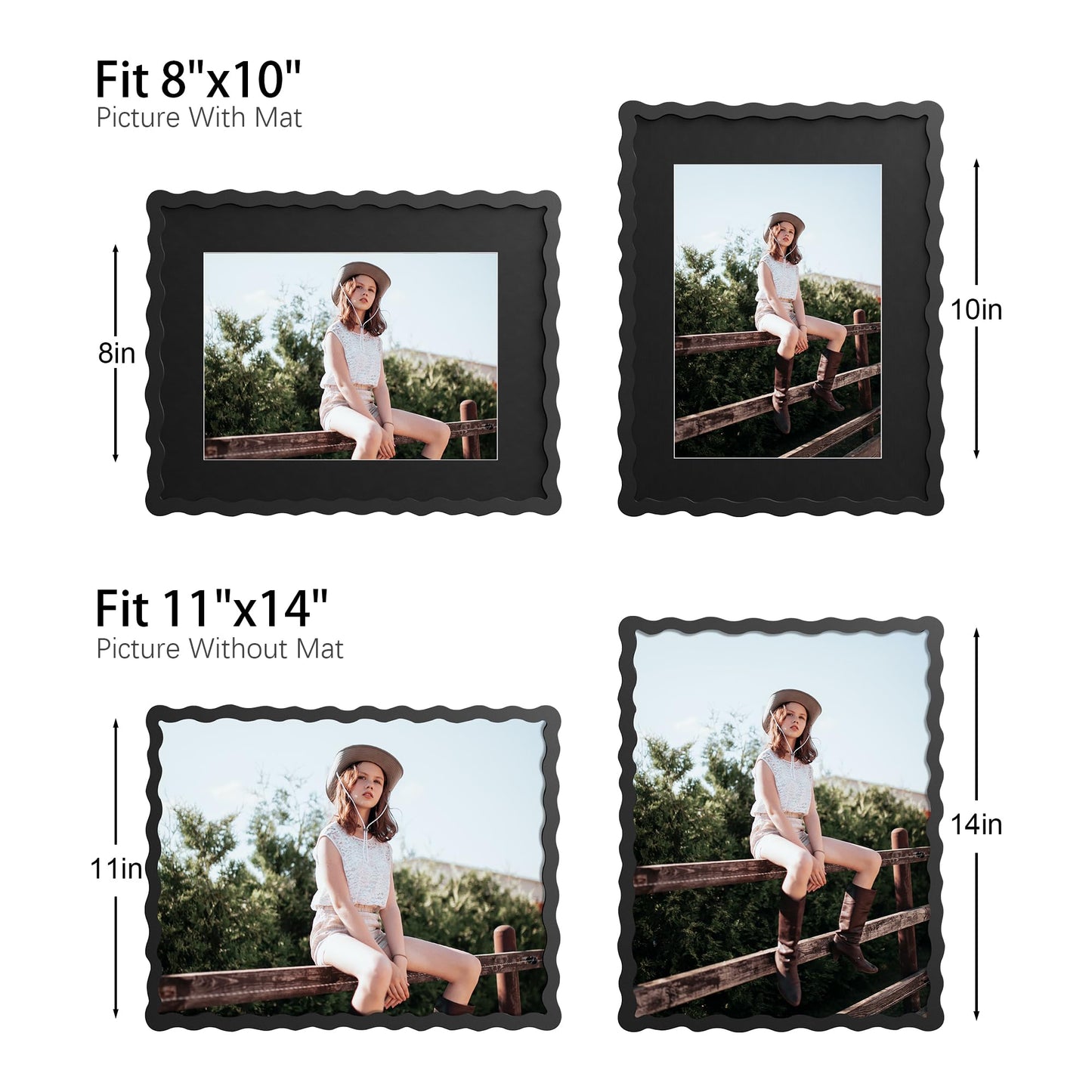 THKRLOF 11x14 Picture Frame with Mat for 8x10, Wavy Edge Wooden Real Glass Photo Frame for Wall Hanging, Black, 1 Pack