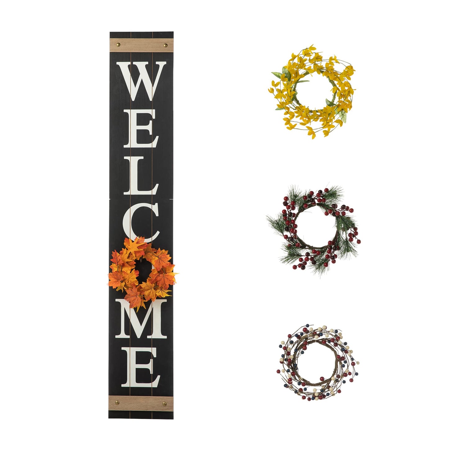 Glitzhome 5ft H Wooden Welcome Sign with 4 Interchangeable Wreaths - Spring/Patriotic/Fall/Christmas Floral Wreaths, Farmhouse Hang/Lean Wall Decor for Front Door, Porch, Yard - Solid Wood, Style3