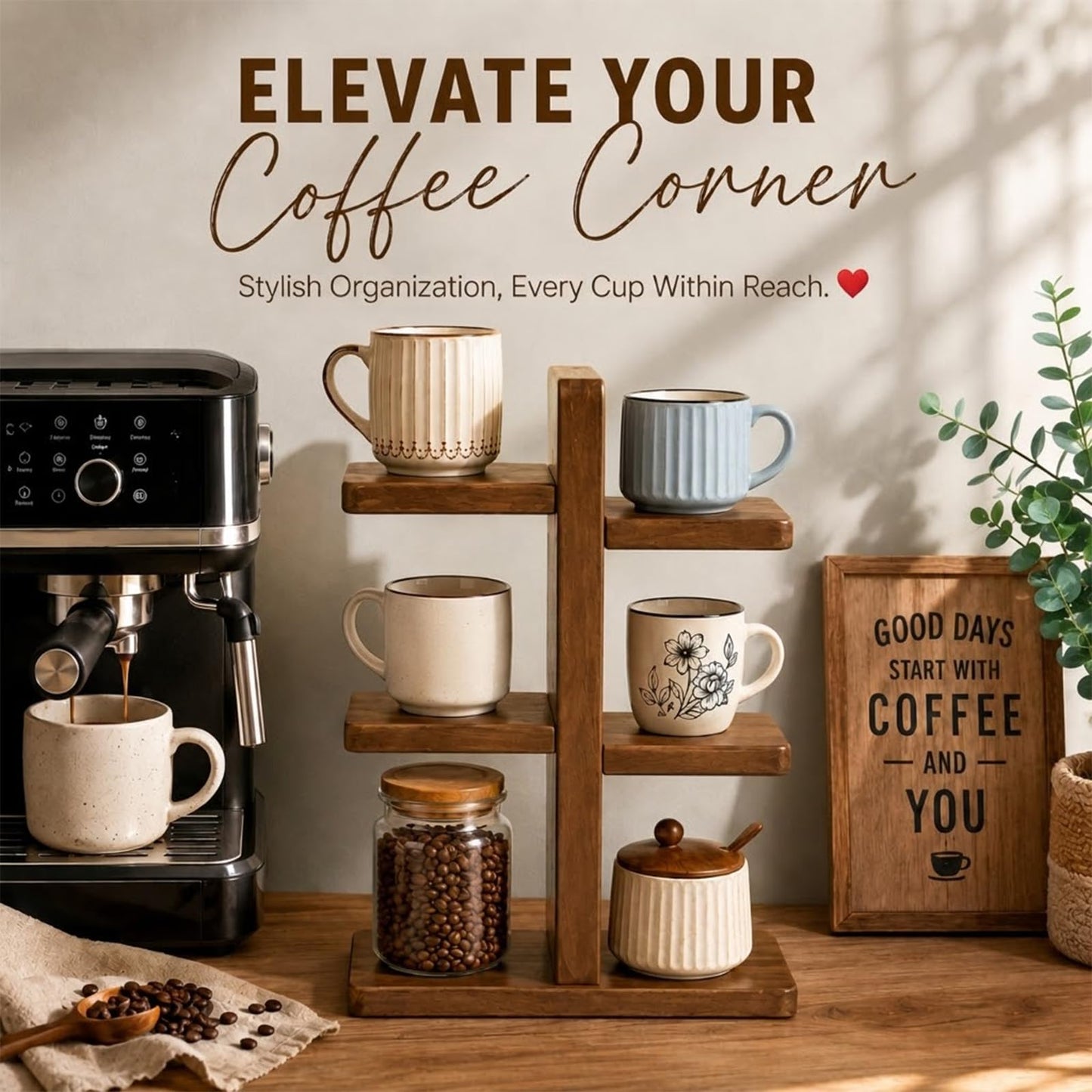 Mug Shelf for Countertop, Wooden Coffee Mug Display Holder